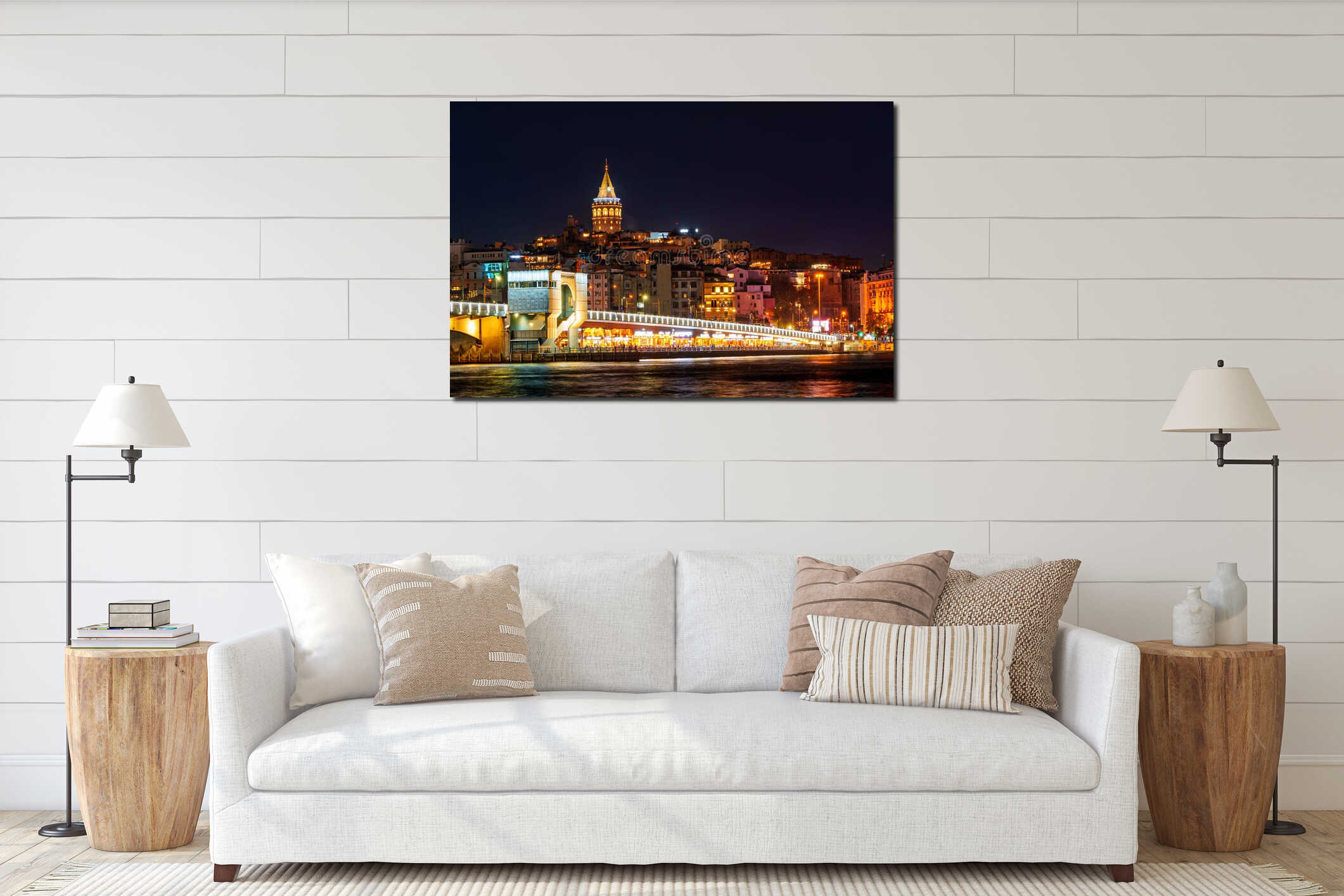 view from a pleasure boat on Galata bridge and Galata tower, Bosphorus and cityscape of Istanbul, Turkey, architecture of city at interior mockup