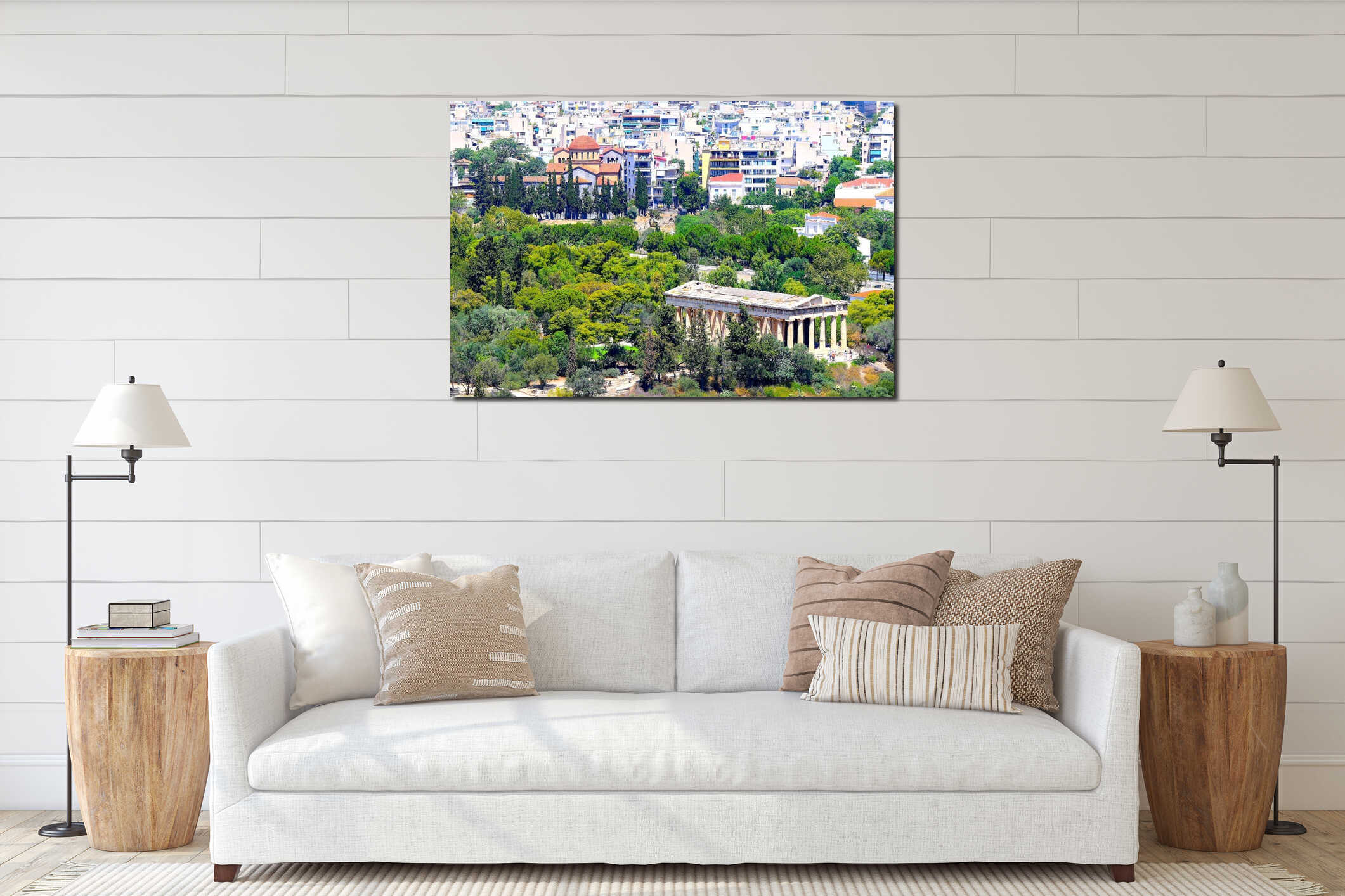 Athens cityscape with the Temple of Hephaestus and the Cathedral of the Holy Trinity in Kerameikos interior mockup
