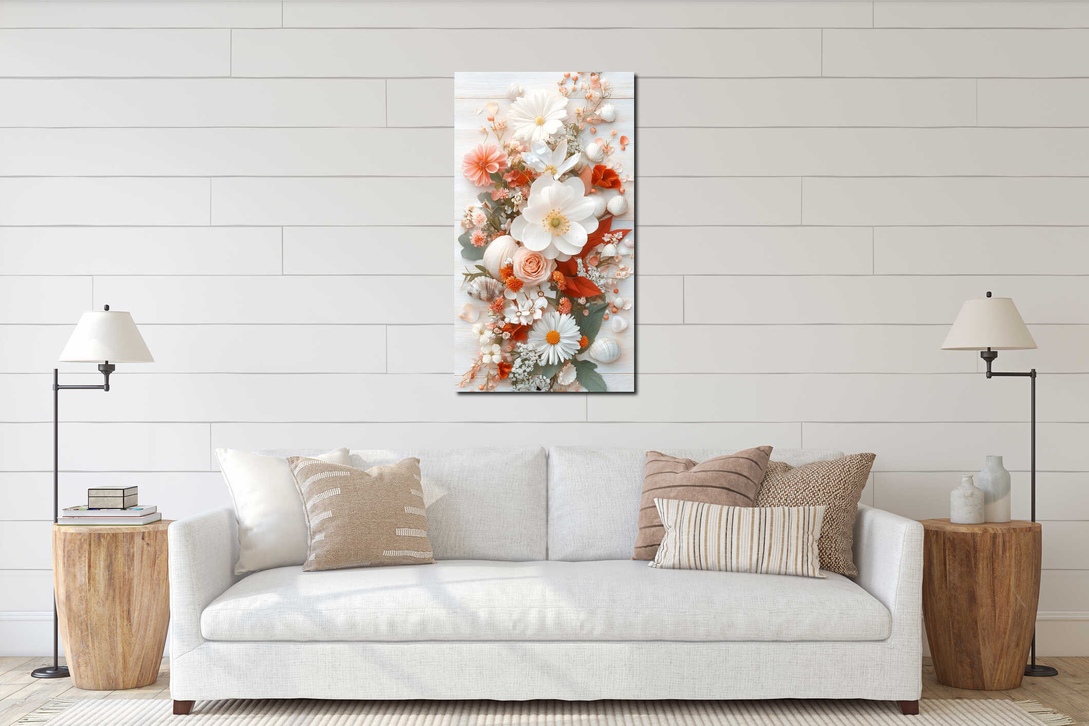 Colorful Coastal Floral Collage Integrating Seashells and Soft Petals on Wood Background interior mockup