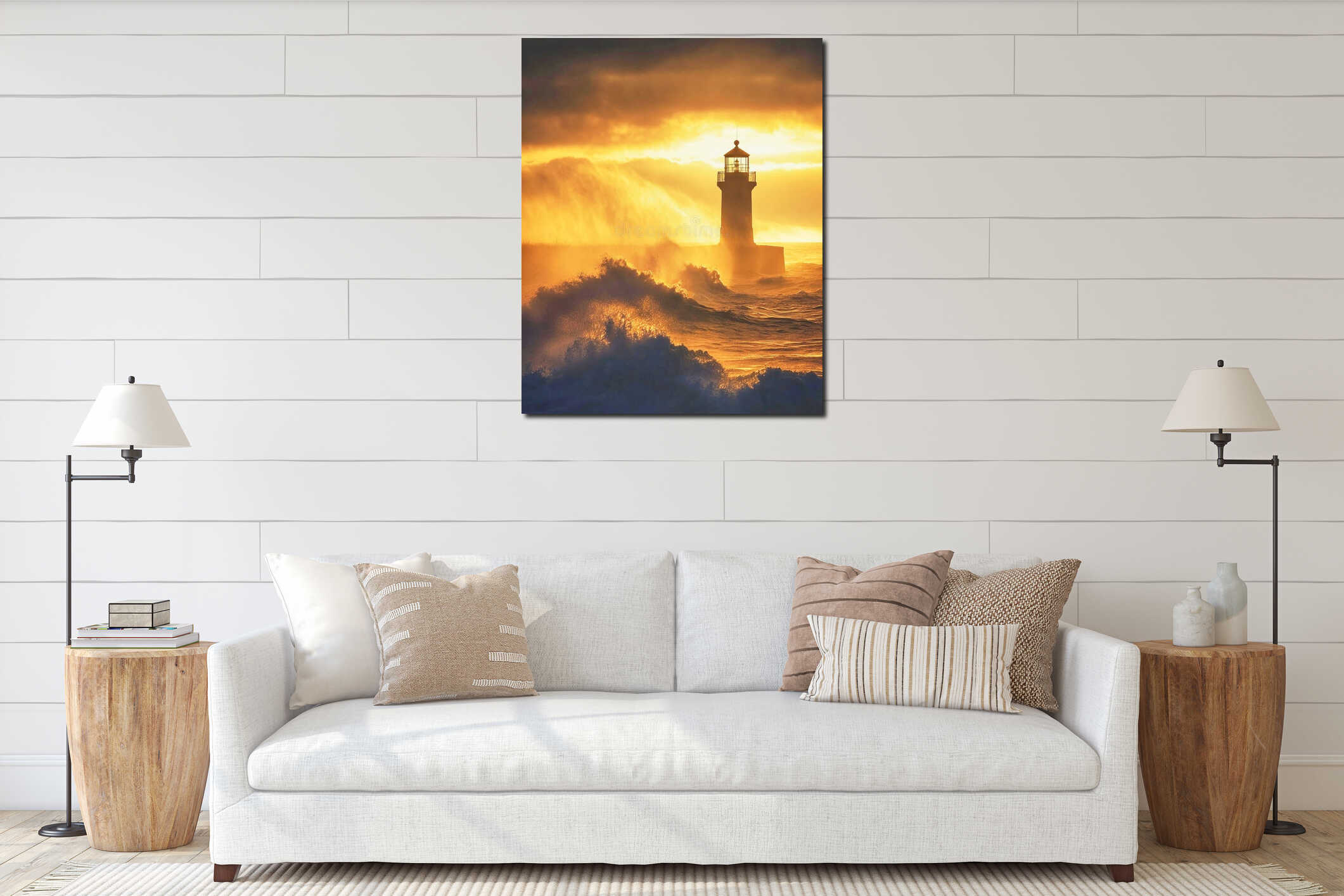 Silhouette of a lighthouse shining through mist on the ocean shore at sunrise interior mockup
