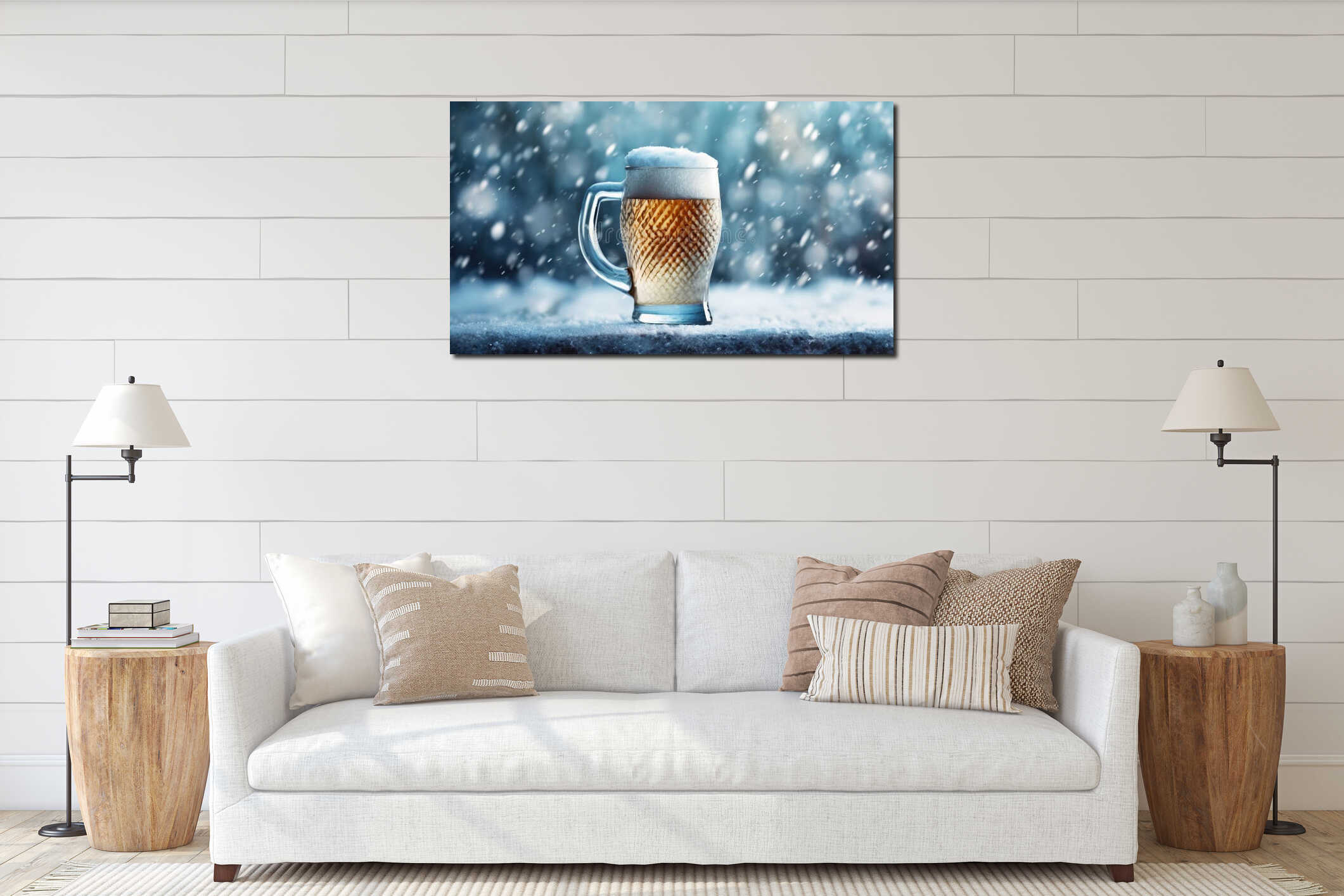 A frosty mug of beer with a foamy top, set against a wintery background with falling snow, creating a cozy and interior mockup