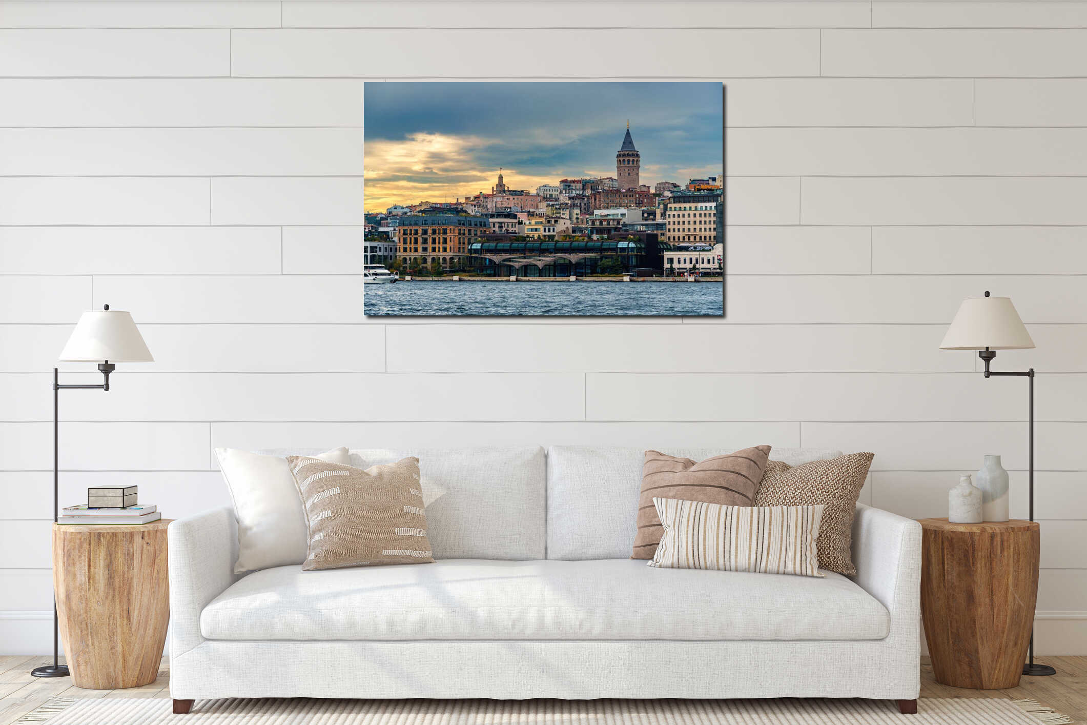 view from a pleasure boat on the Bosphorus and the cityscape of Istanbul, Turkey, the architecture of the city at sunset, a interior mockup