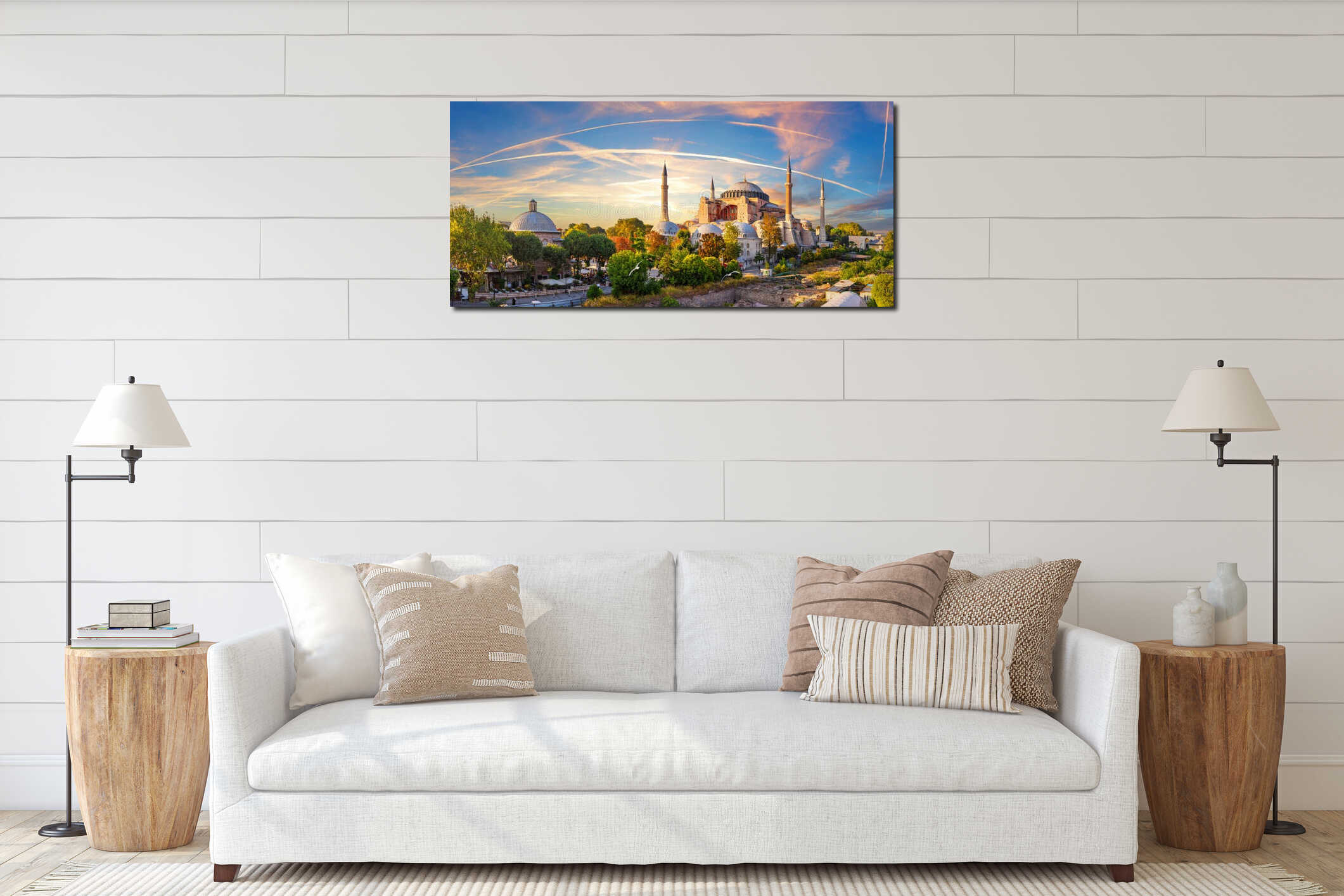 Famous Hagia Sophia Mosque of Istanbul, beautiful sunset panorama, Turkey interior mockup