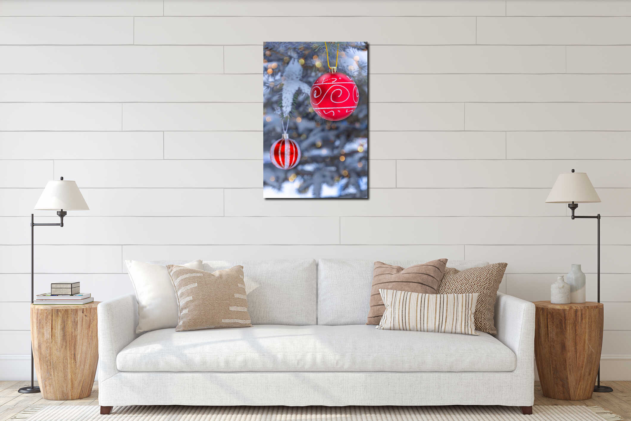 Bright red shiny Christmas tree balls on live fir tree on snowy and frosty winter day. Close-up interior mockup