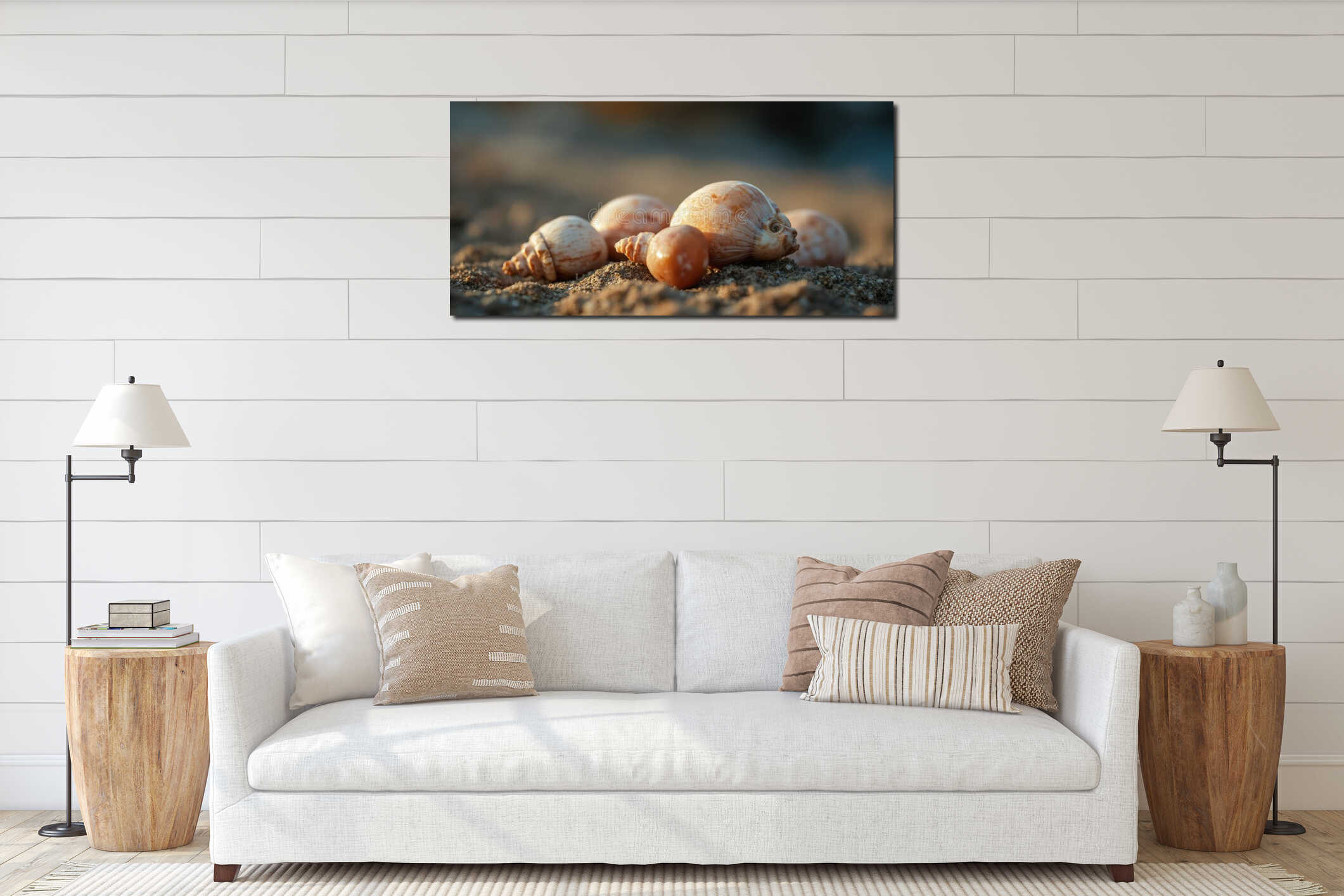 A group of seashells sitting on top of a sandy beach interior mockup