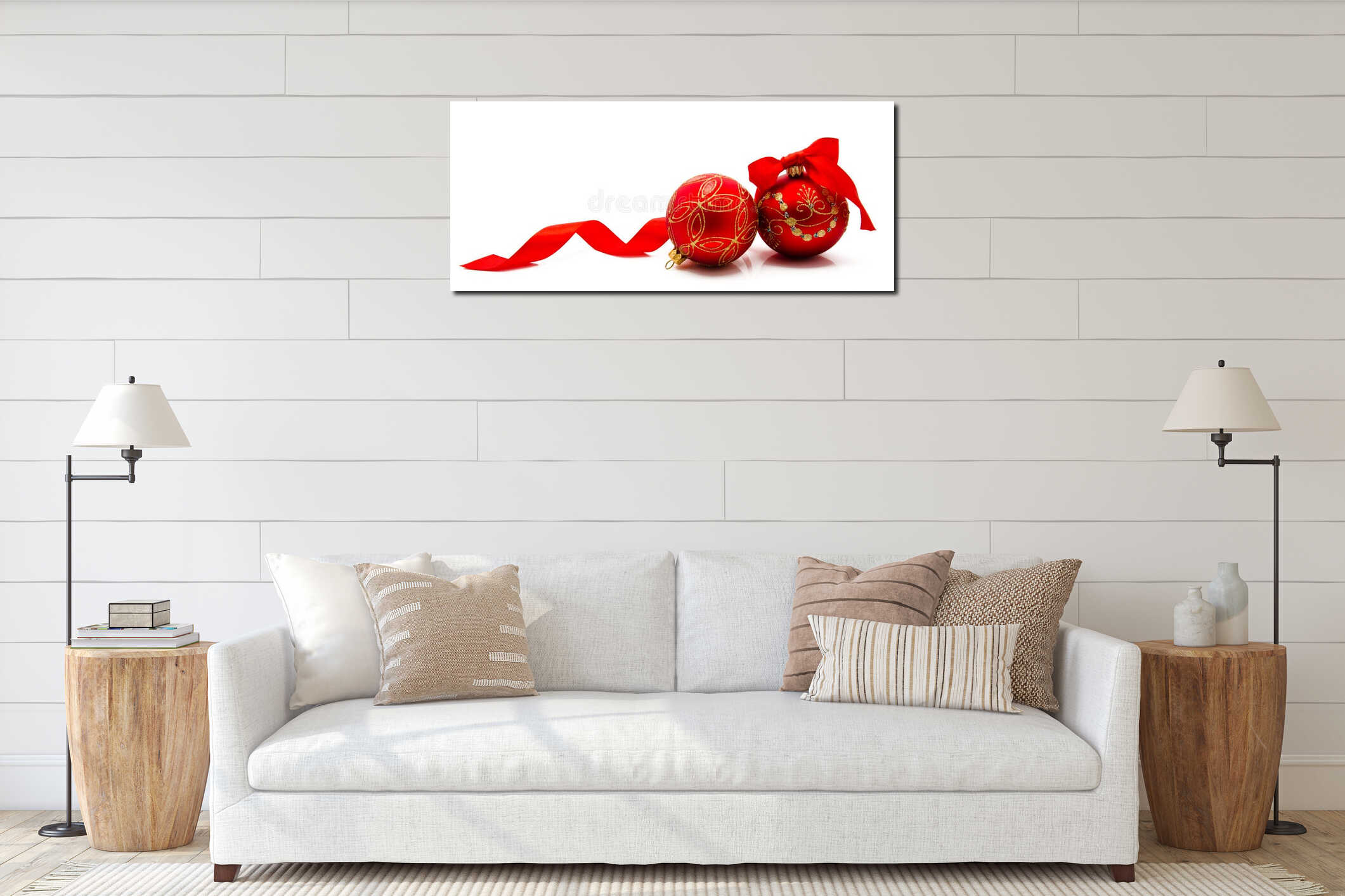 Two red christmas balls with ribbon isolated on a white interior mockup