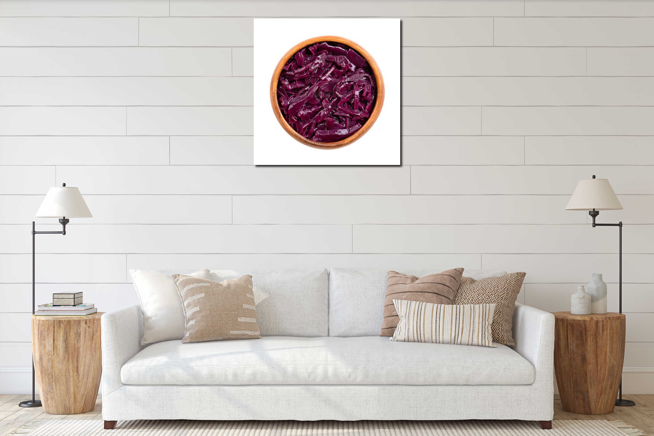 Braised red cabbage, traditional German side dish, in a wooden bowl interior mockup