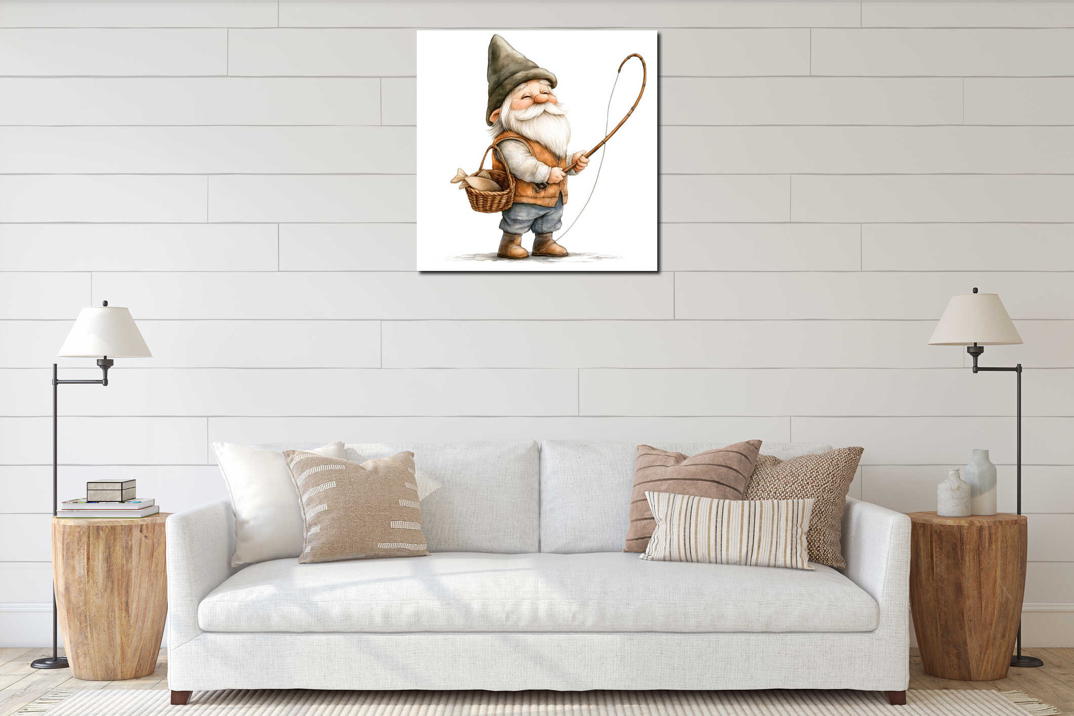 Watercolor Illustration of a Fisherman Gnome with a Fishing Rod and Basket of Fish, Whimsical Fantasy Character Design interior mockup
