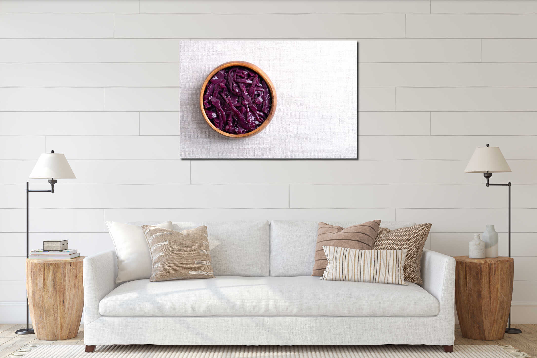 Braised red cabbage in a wooden bowl, with empty space for text interior mockup