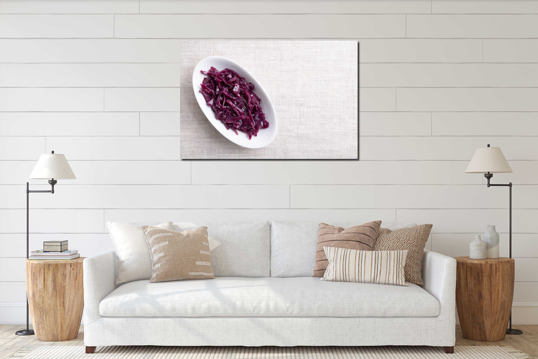 Braised red cabbage in a white bowl, with empty space for text interior mockup