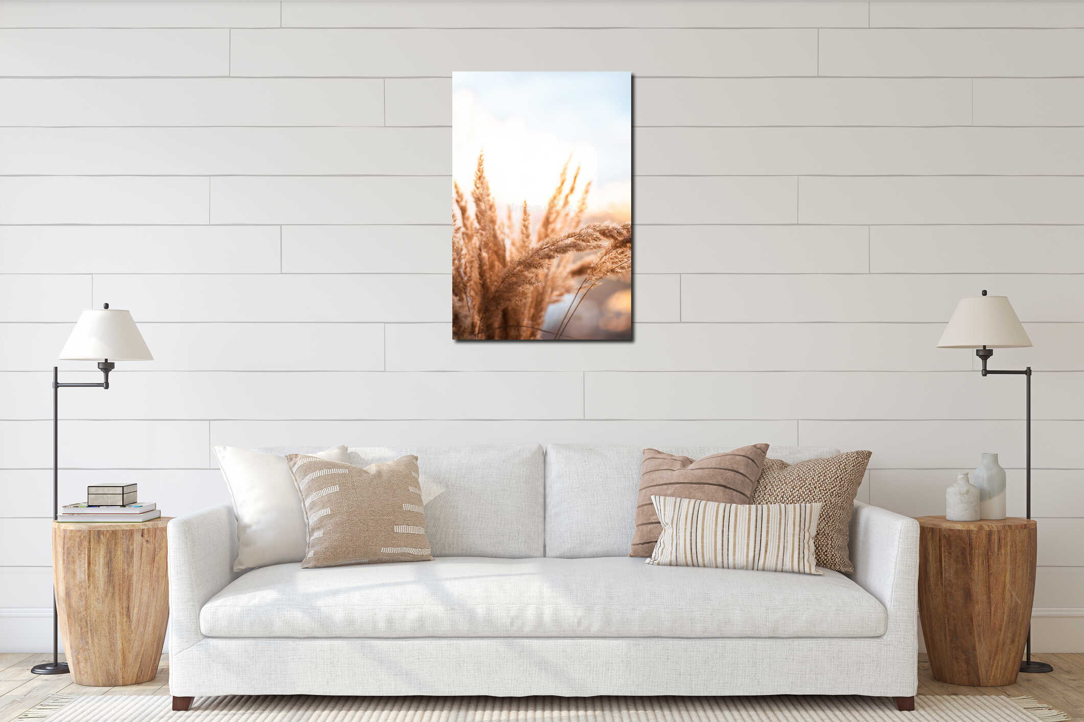 Soft golden sunlight illuminates dried grasses interior mockup