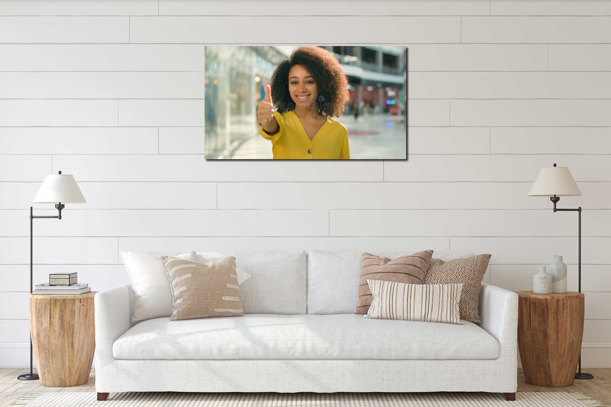 Young joyful African American woman showing thumb up smiling friendly female model gesture positive sign happiness like interior mockup