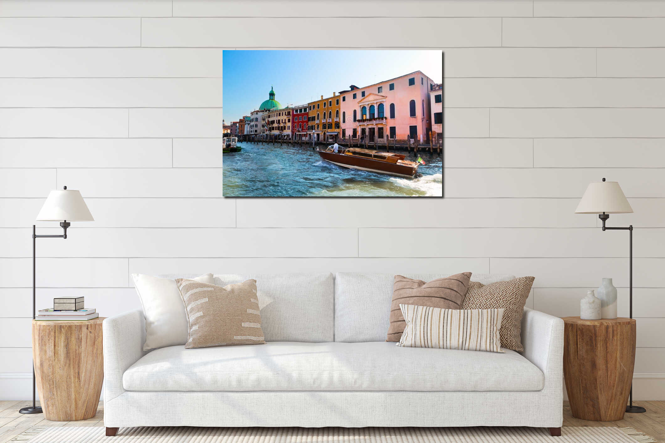 Venice, Grand Canal view, Italy. Sunny day interior mockup