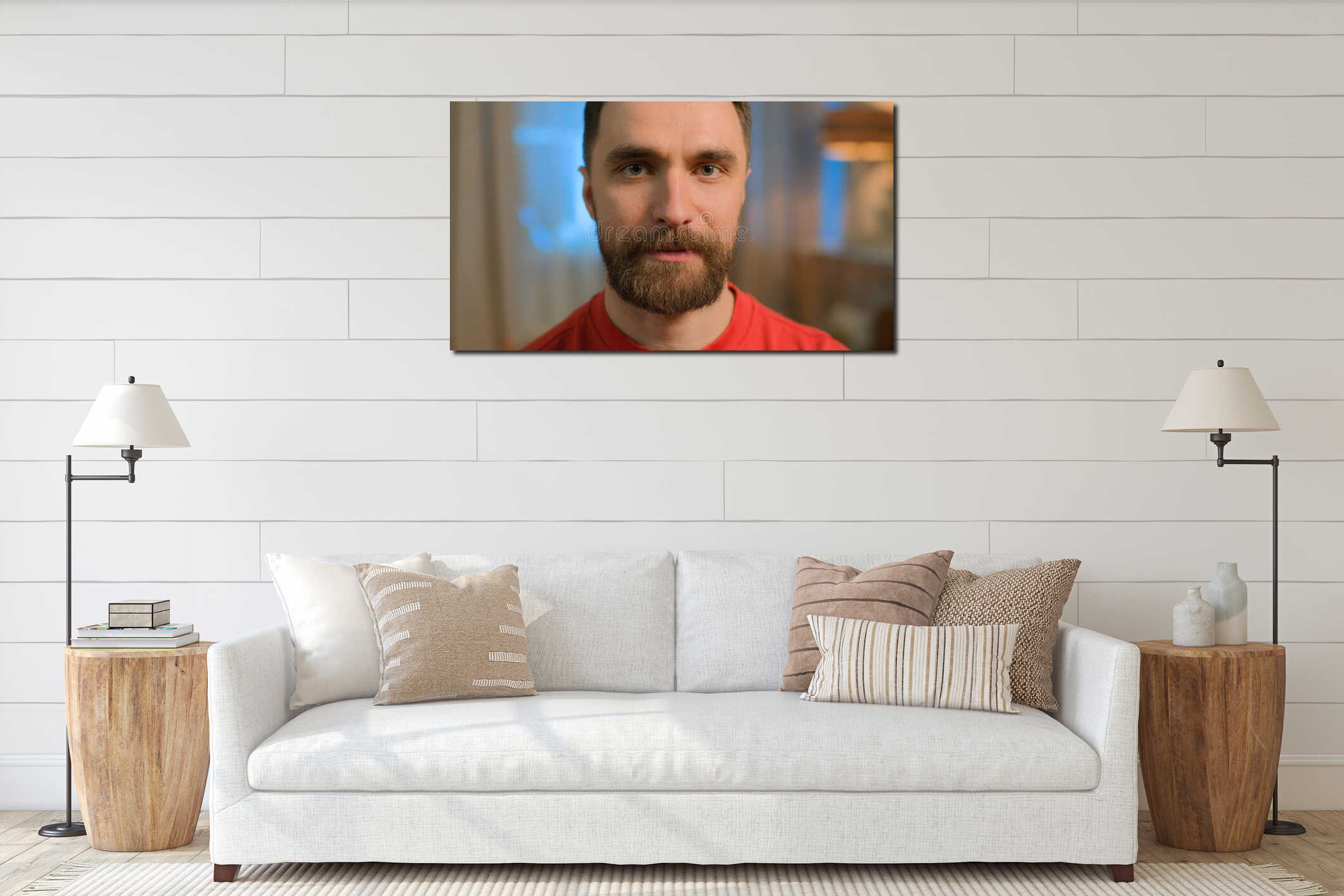 Caucasian adult man close up portrait bearded millennial 30s guy husband dad father Caucasian family male serious sad interior mockup