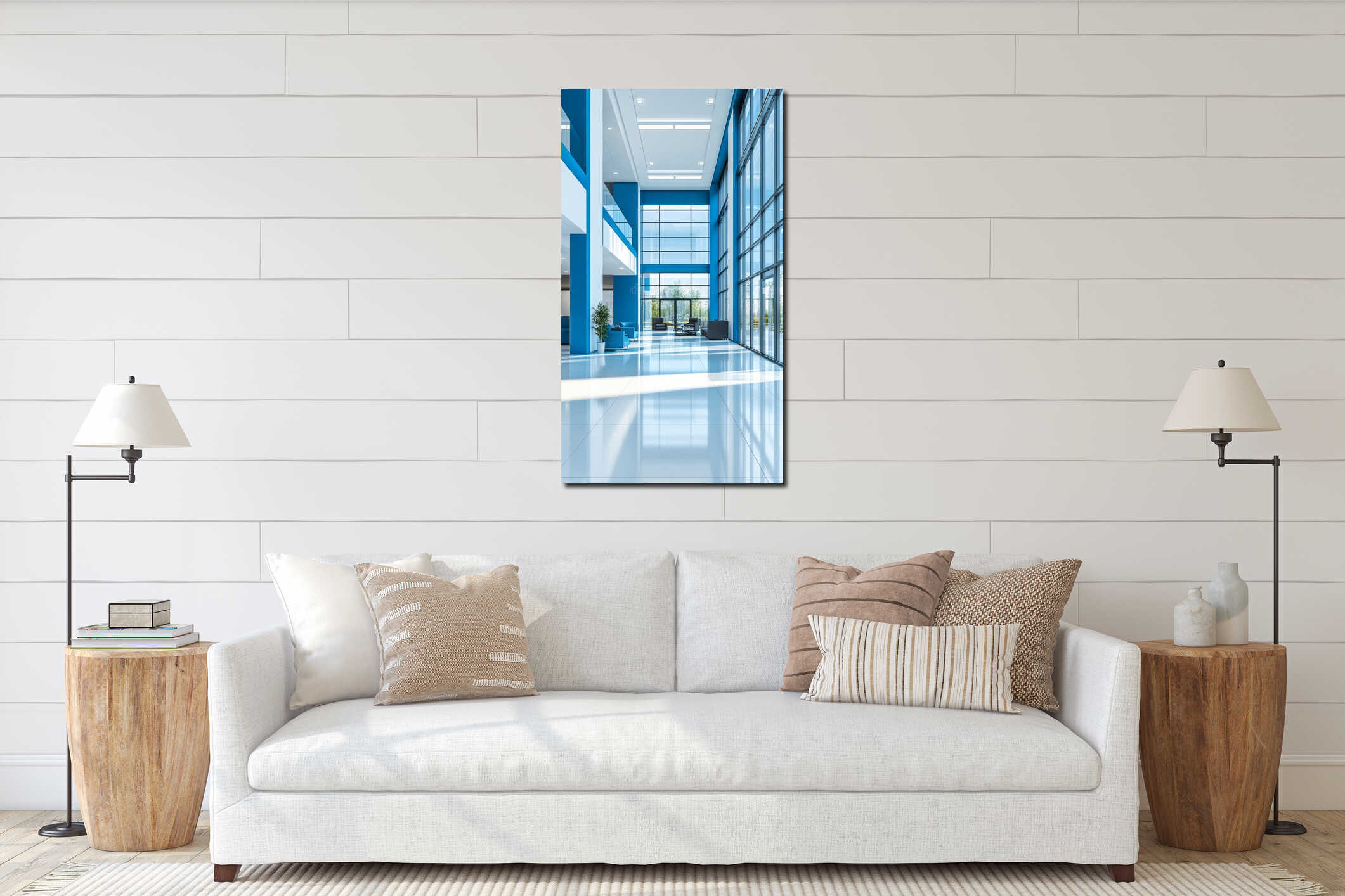 Bright lobby features large glass windows and blue accents, creating a serene atmosphere for relaxation and meetings interior mockup