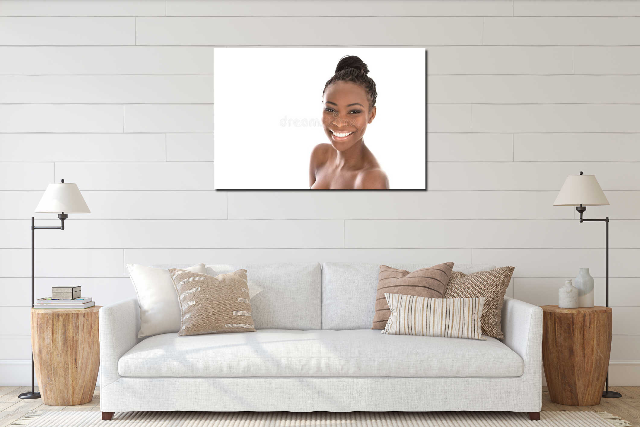 Portrait young African American smiling woman - black and white interior mockup