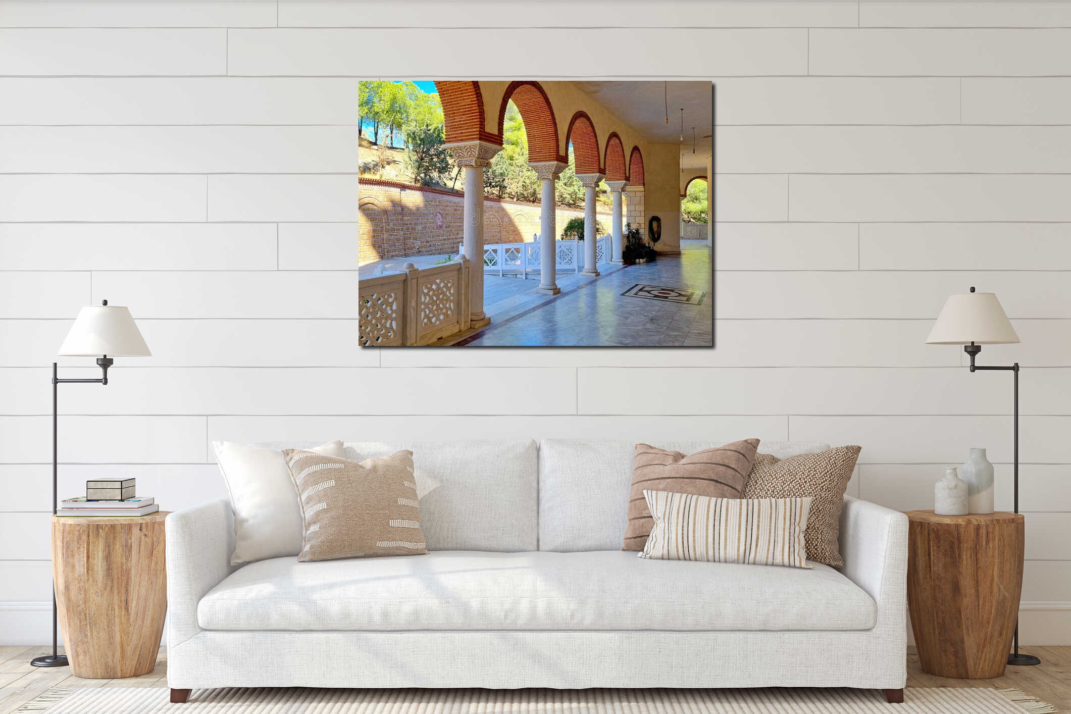 Elegant Shaded Arched Gallery in the church of Saint Nectarios interior mockup