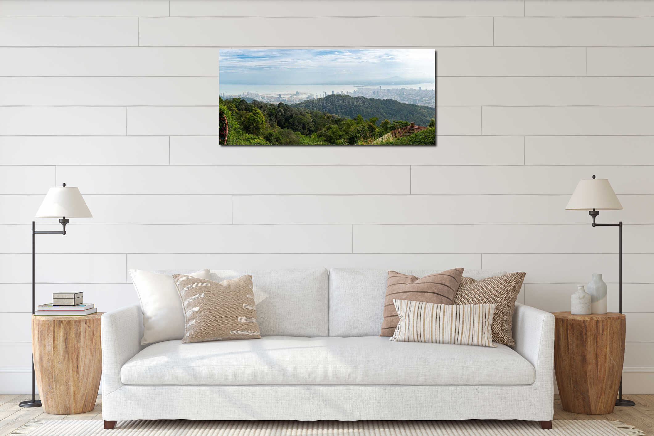 Panoramic view of GeorgeTown cityscape in Malaysia from hilltop with lush green forest foreground, high-rise buildings interior mockup