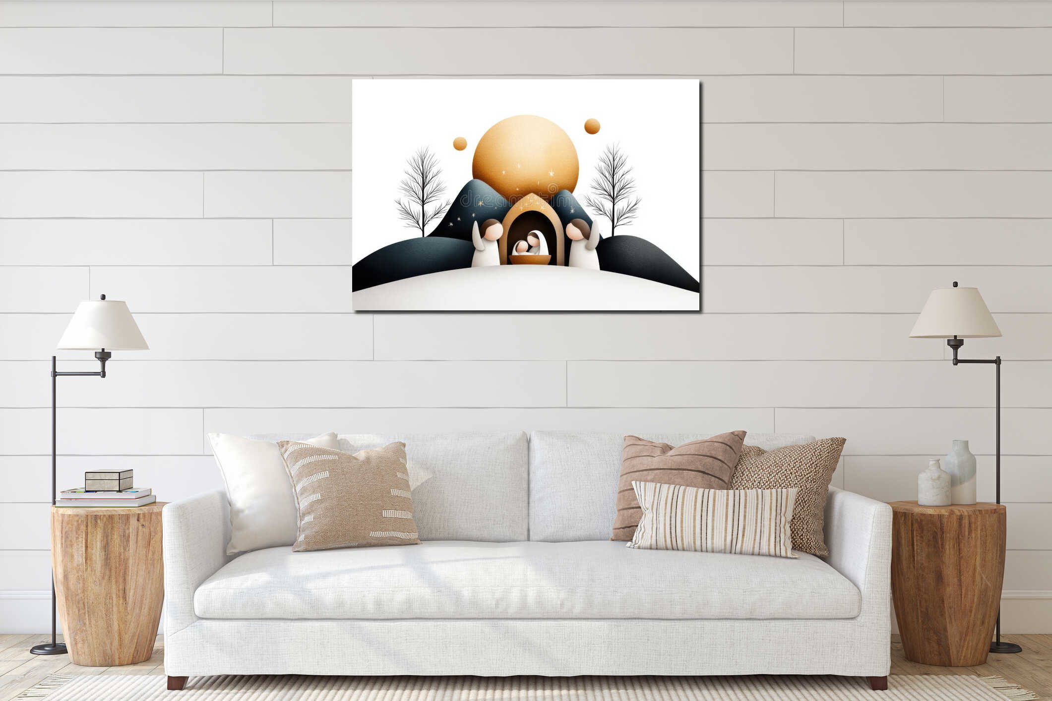 religious christmas art, cozy watercolor of the nativity with the holy family and gentle angels in a festive, warm interior mockup