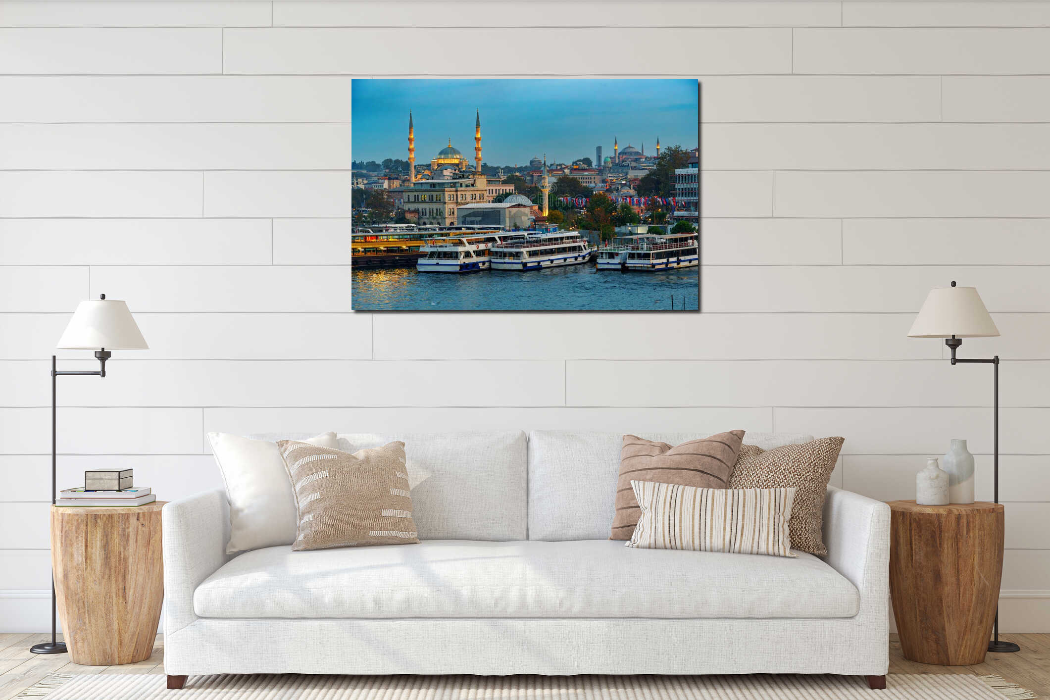 view of the Galata Bridge and ships on the Bosphorus, the cityscape of Istanbul, Turkey, the architecture of the city at sunset, a interior mockup