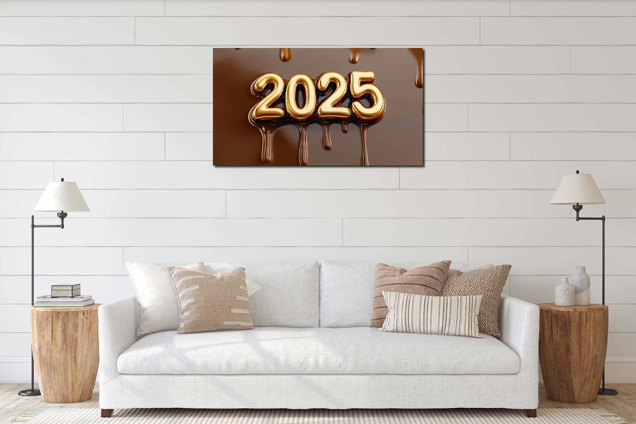 A golden number 2025 on a brown background with dripping chocolate interior mockup