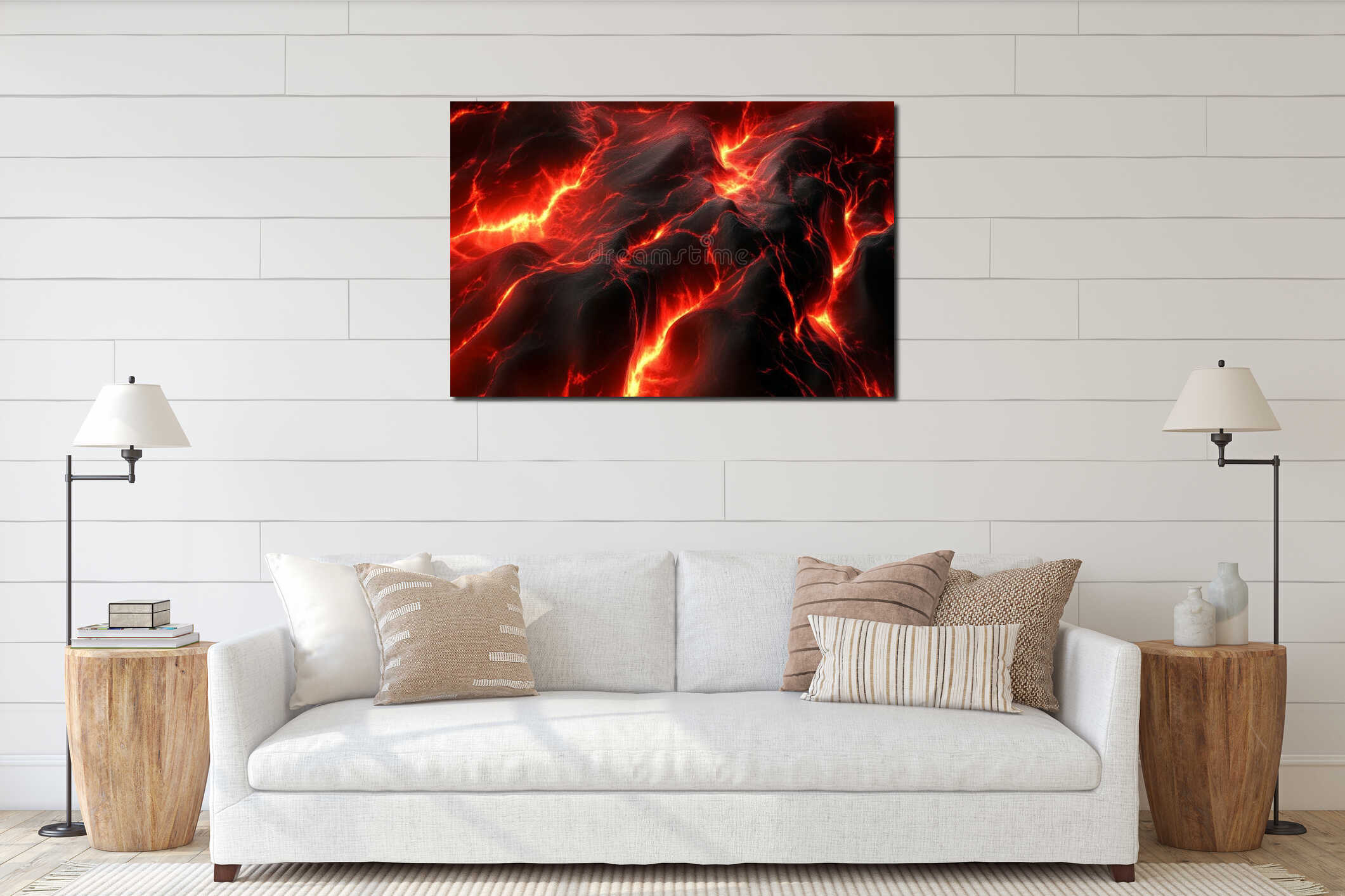 Abstract molten lava design, intense red and black flows glowing dynamically, bold and dramatic interior mockup