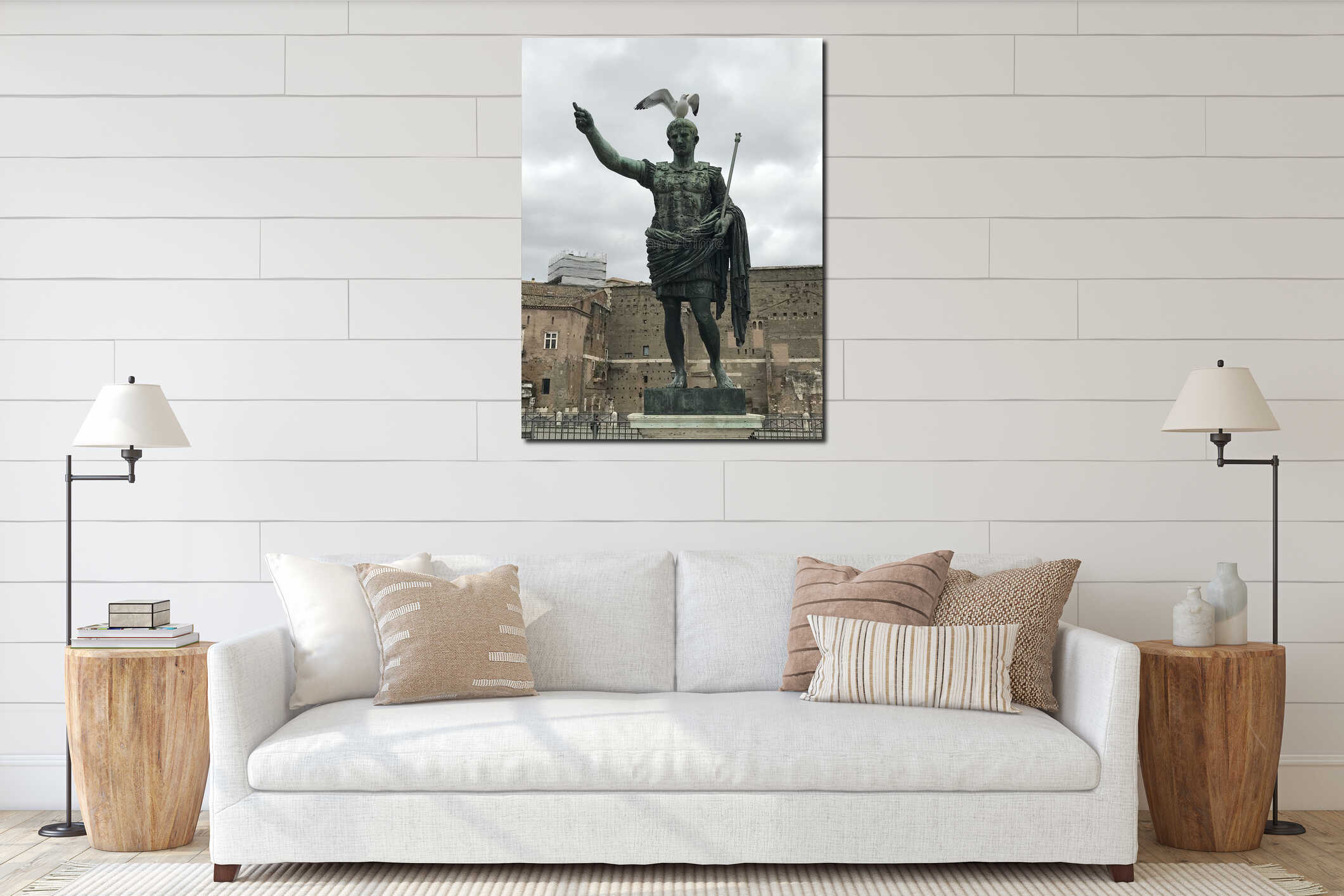 A seagull standing on Emperor Augustus' statue in Fori Imperiali, Rome, Italy interior mockup