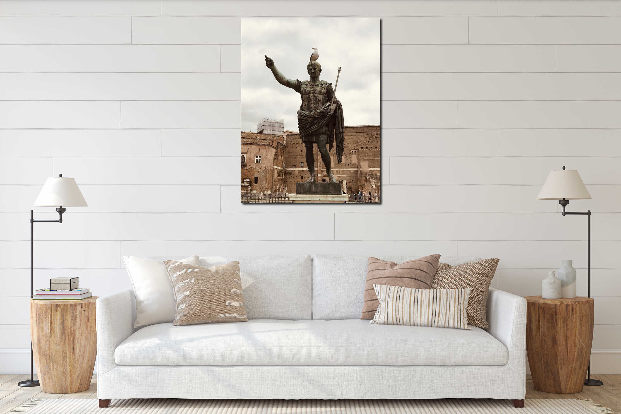 A seagull standing on Emperor Augustus' statue in Fori Imperiali, Rome, Italy interior mockup