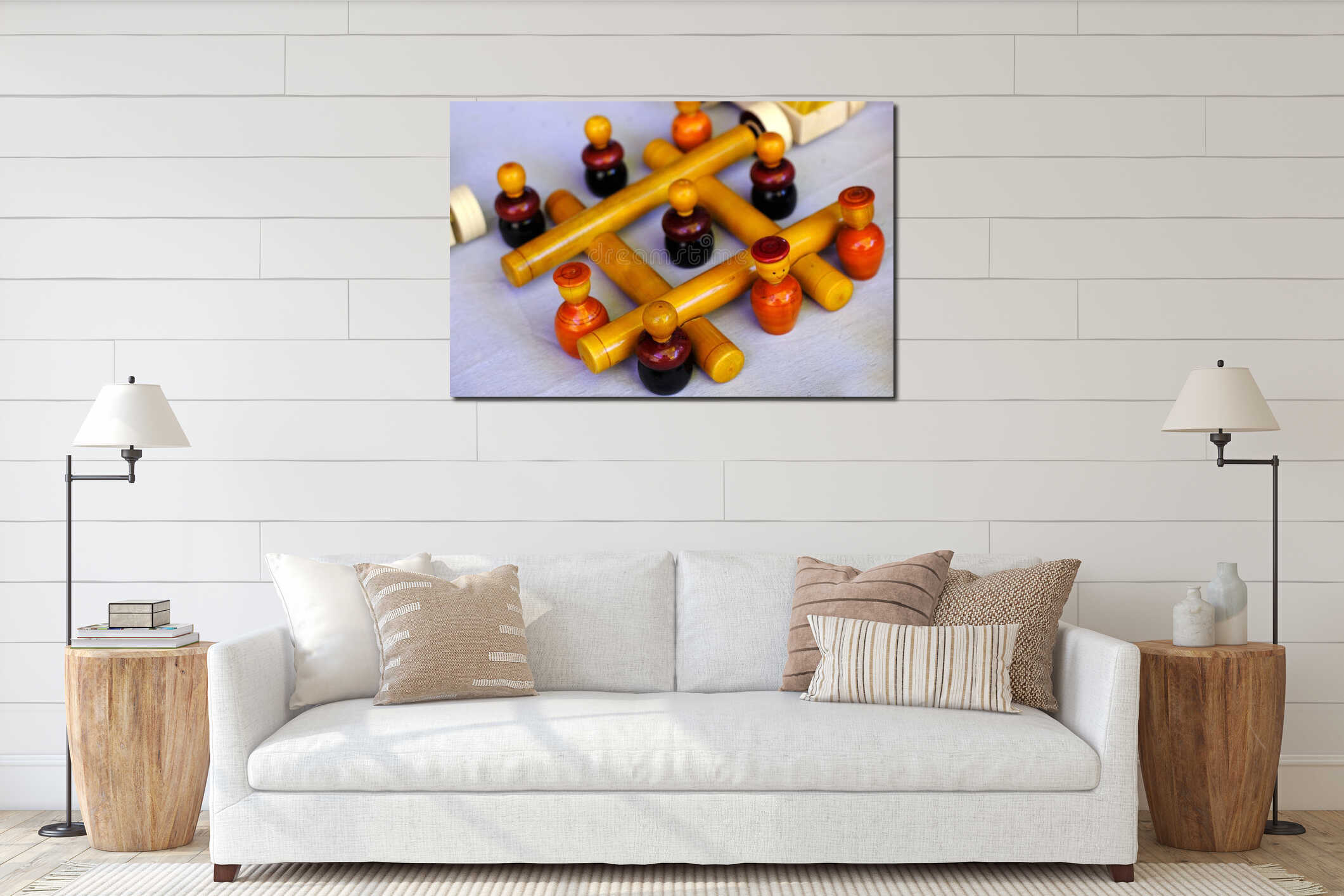 Traditional handmade Colorful toys made from wood, wooden toys, family, selective focus interior mockup