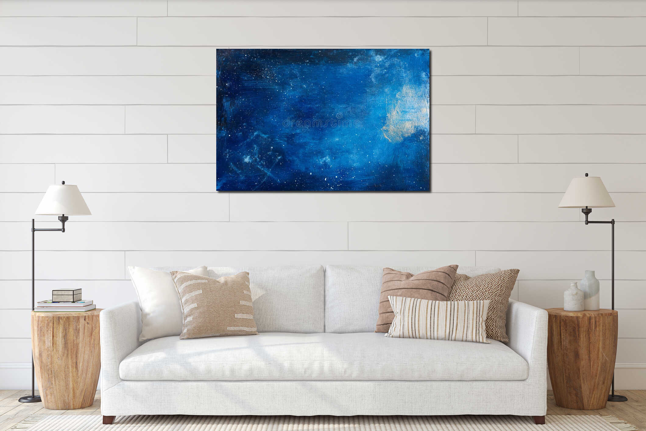 Abstract starry night texture, vibrant deep blue skies with scattered twinkling stars, serene and interior mockup