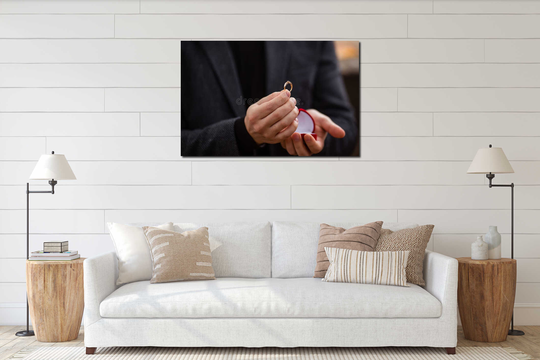 marriage proposal, close up of hands of young woman and male hands together. interior mockup