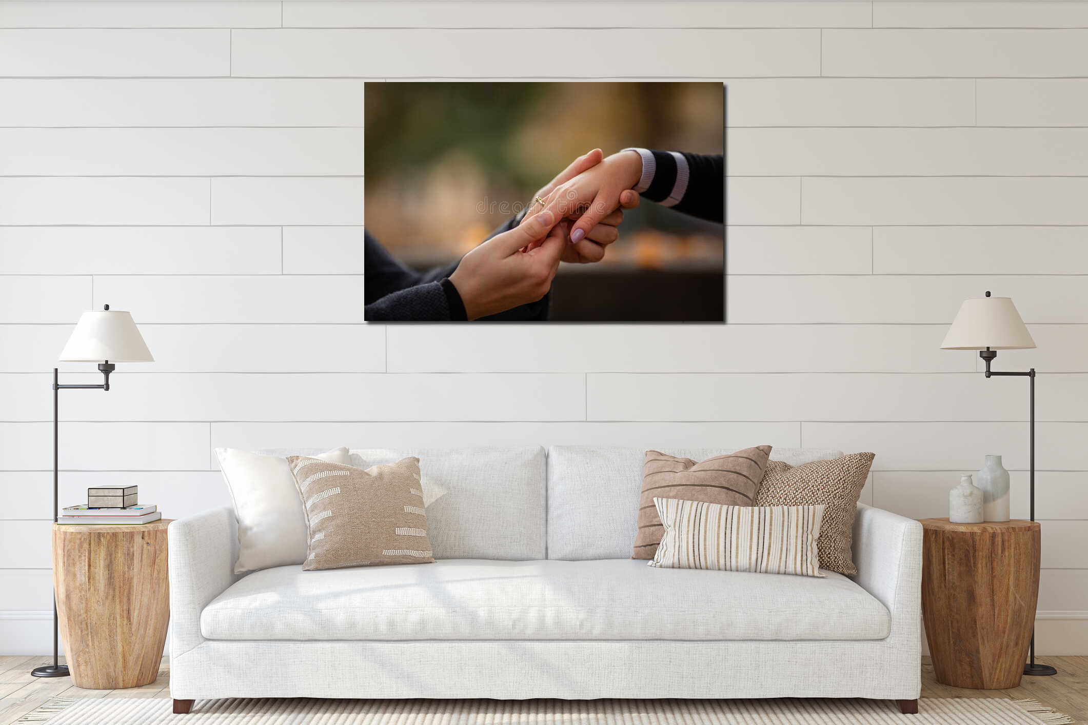 close up of hands of young woman and male hands together interior mockup