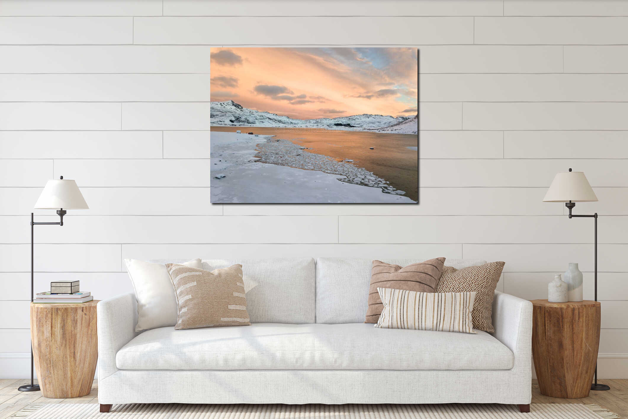 Aerial drone panoramic view. Beautiful sunset over the mountains and sea of the Lofoten Islands. Reine, Norway. interior mockup