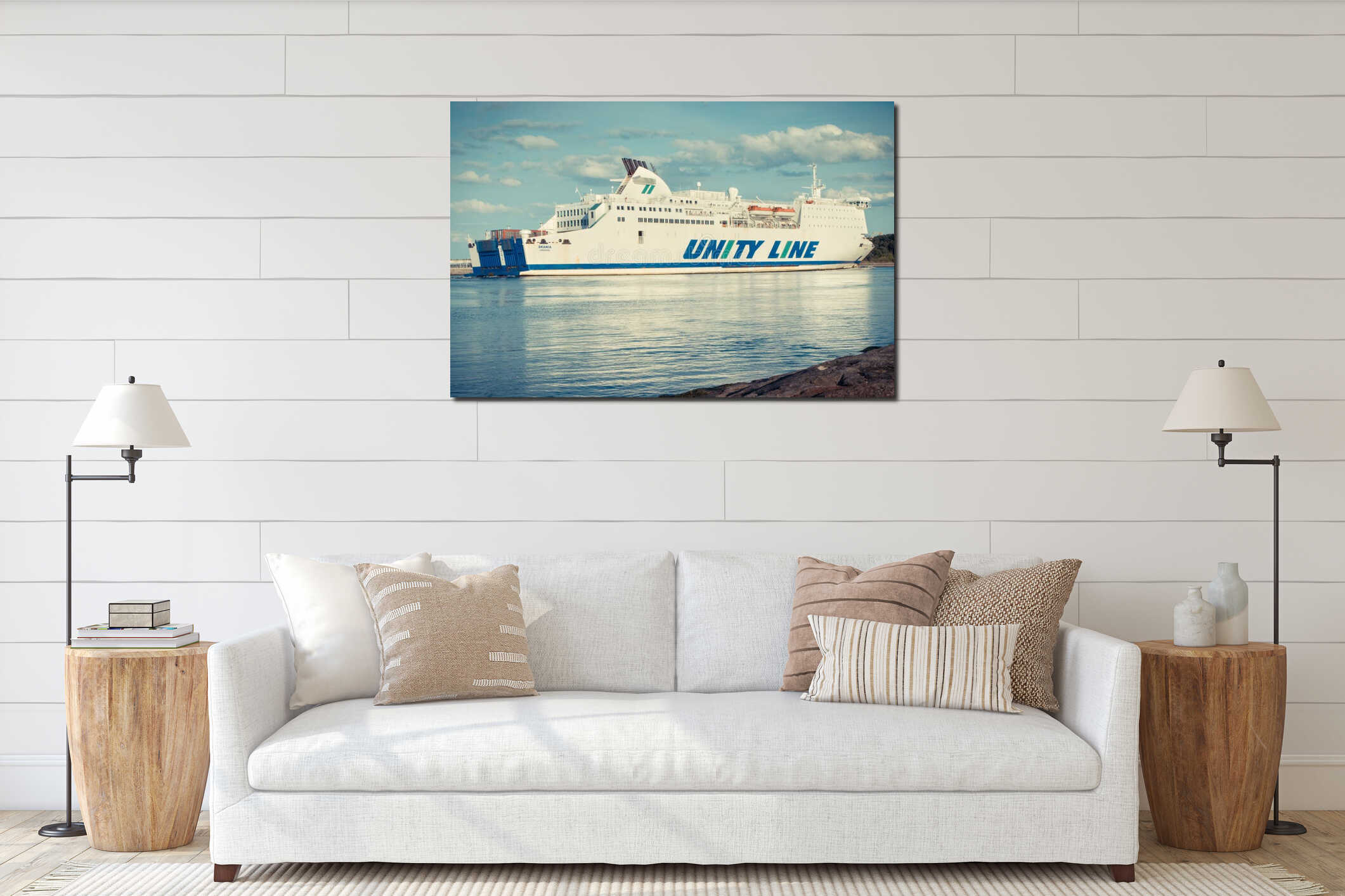 Swinoujscie, West Pomeranian - Poland - July 07, 2024: Skania ferry entering to port of Swinoujscie. Transport passengers and cars interior mockup