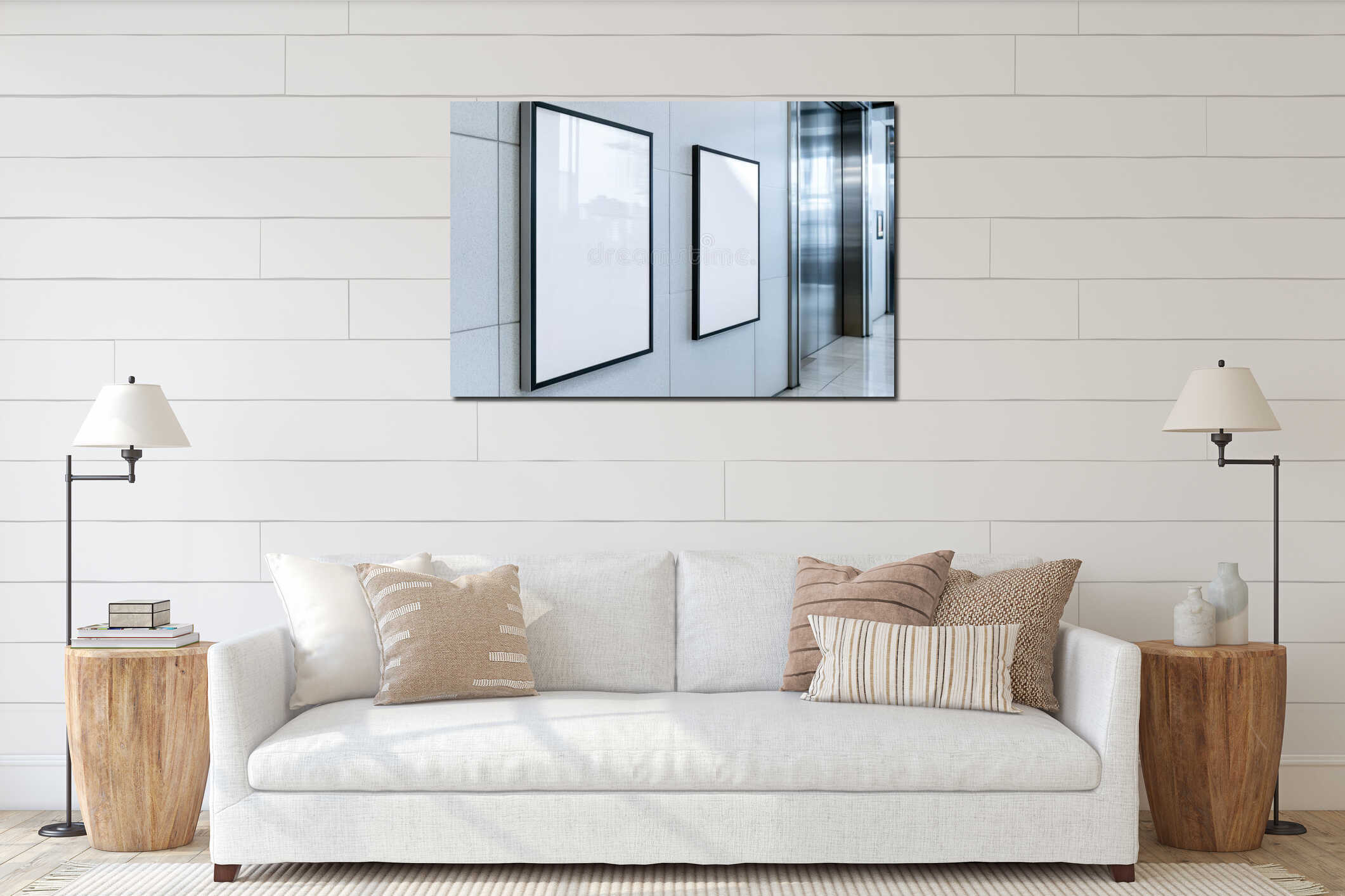 Mockup. Office wall poster mock up. Two blank white vertical rectangular posters near elevator lift in modern office interior mockup