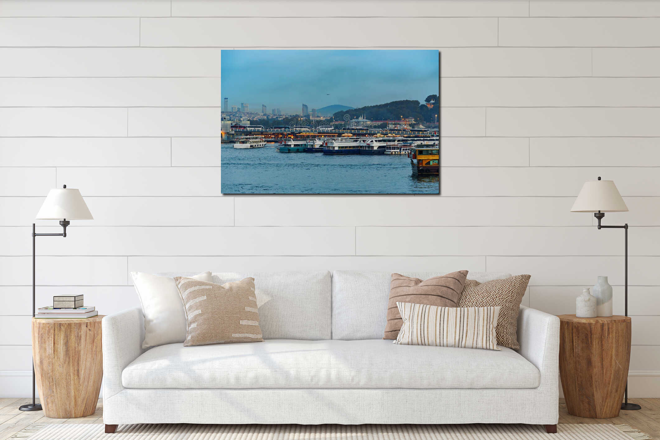 view of the Galata Bridge and ships on the Bosphorus, the cityscape of Istanbul, Turkey, the architecture of the city at sunset interior mockup