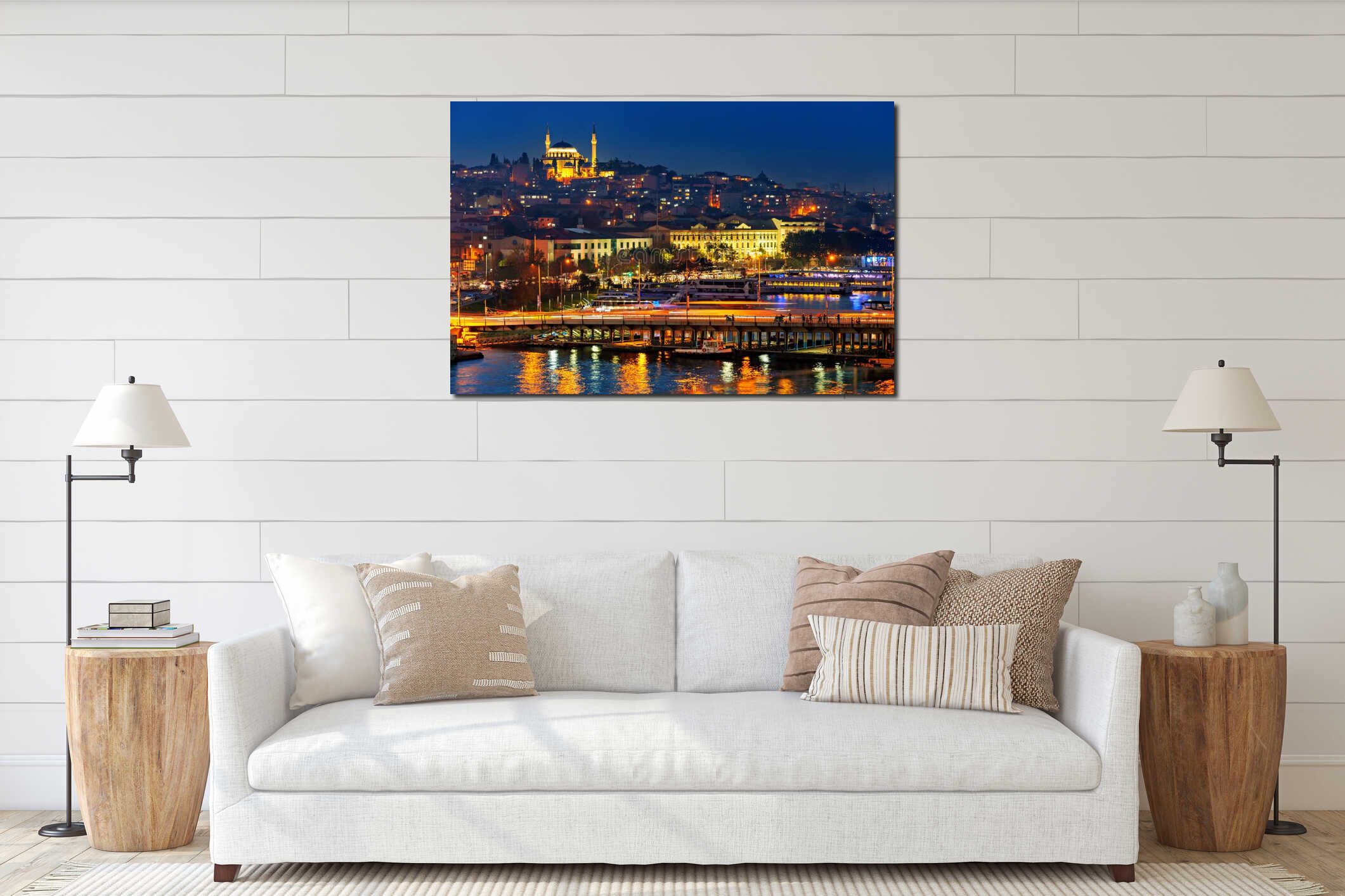 view of the Ataturk Bridge and ships on the Golden Horn bay, the cityscape of Istanbul, Turkey, the architecture of the city at interior mockup
