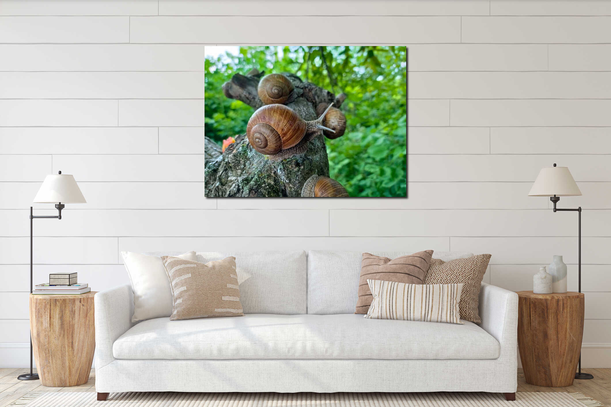 A group of snails sitting on top of a tree branch interior mockup