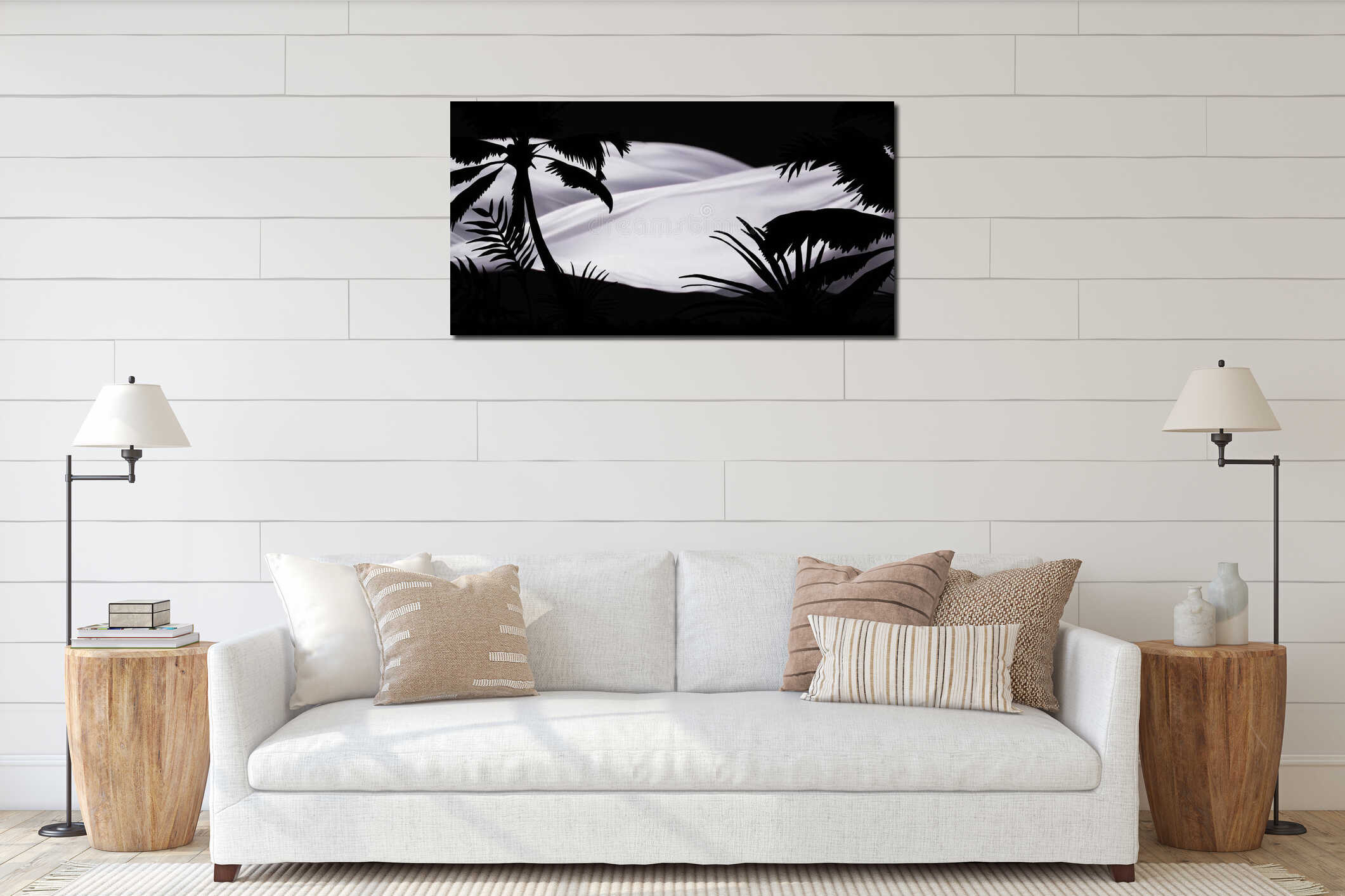 Image of silhouettes of palm trees and cloth over black background interior mockup