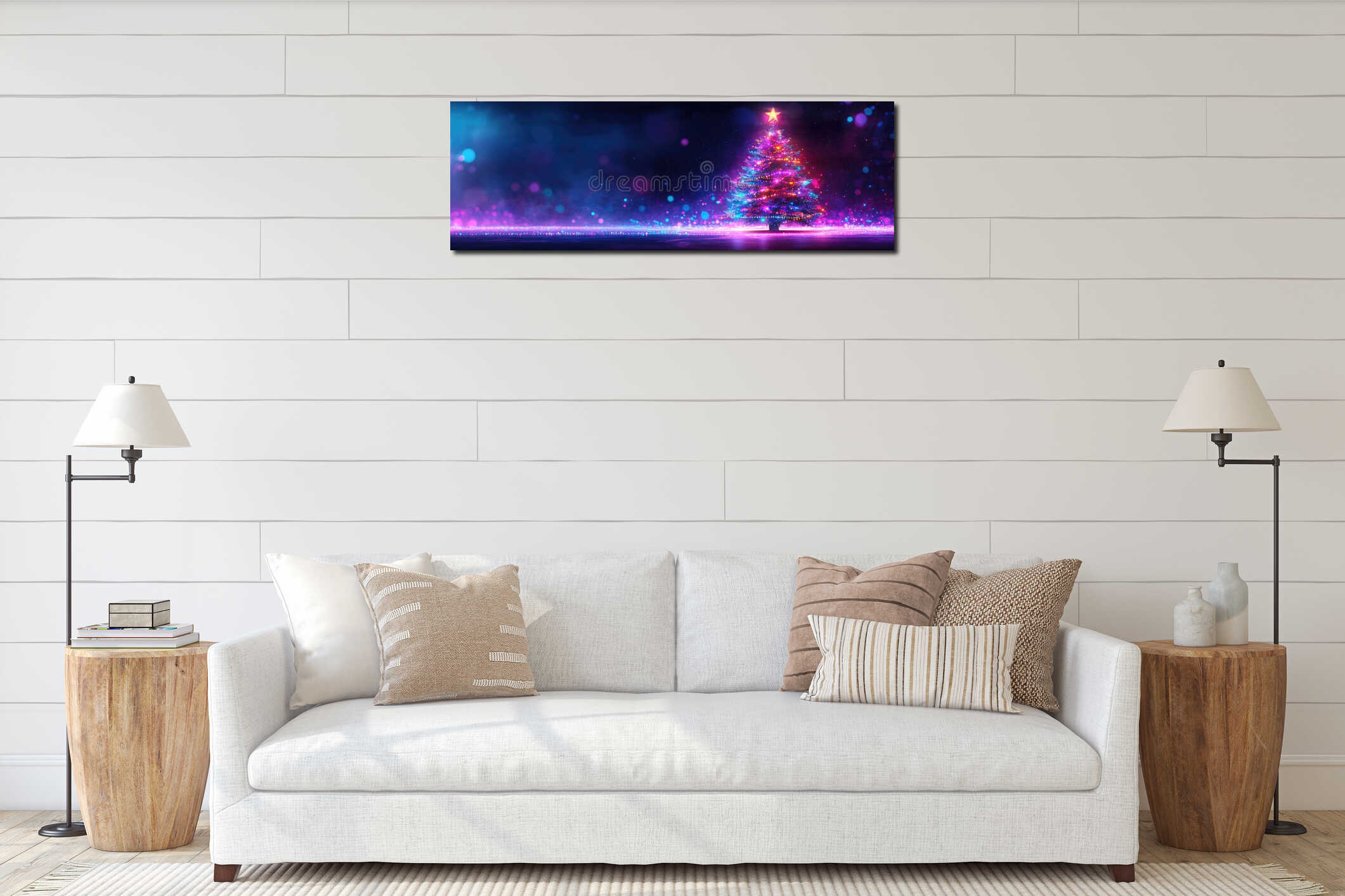 Vibrant christmas tree with glowing lights in magical winter night. Merry Christmas. Happy New Year. interior mockup