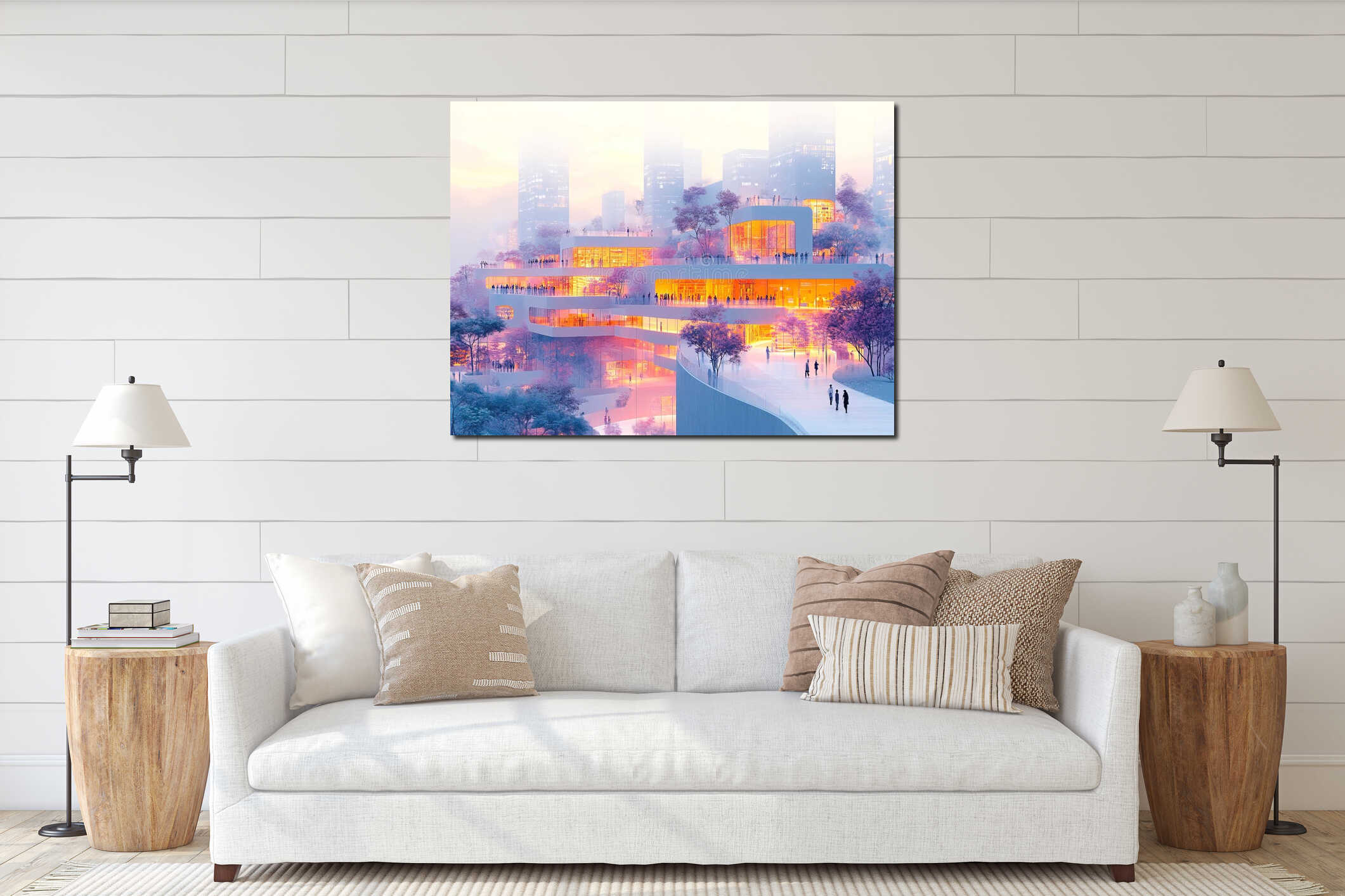 A futuristic, multi-level building with walkways, trees, and human figures, set against a dusk dawn skyline, showcasing interior mockup