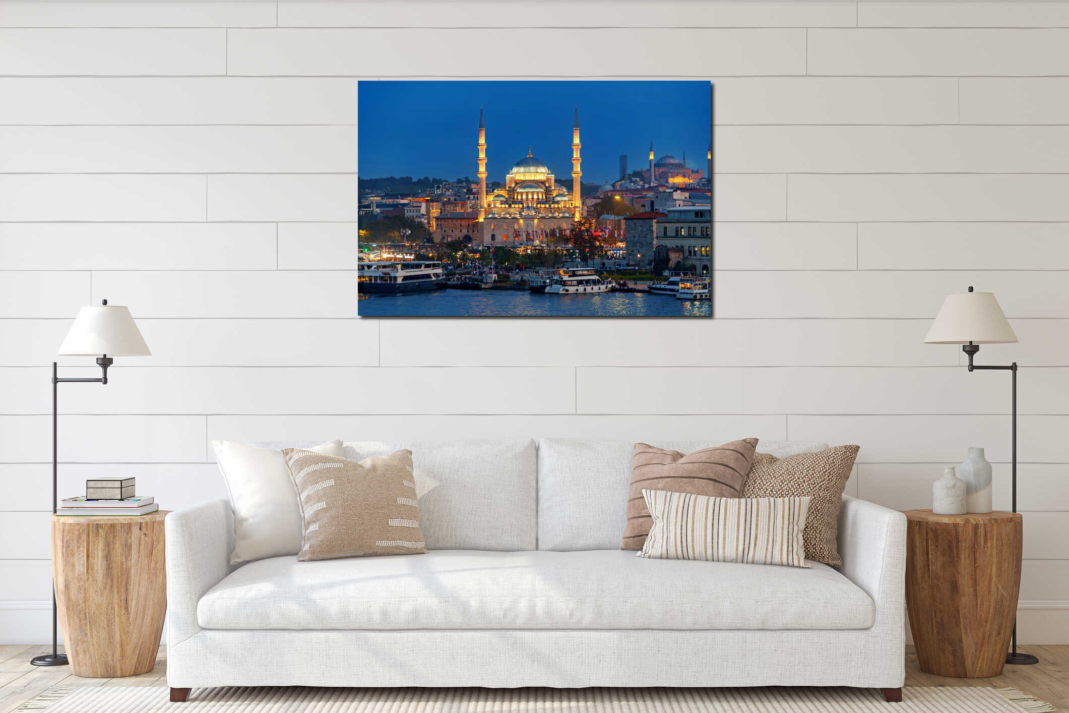 view of the Galata Bridge and ships on the Bosphorus, the cityscape of Istanbul, Turkey, the architecture of the city at sunset, a interior mockup