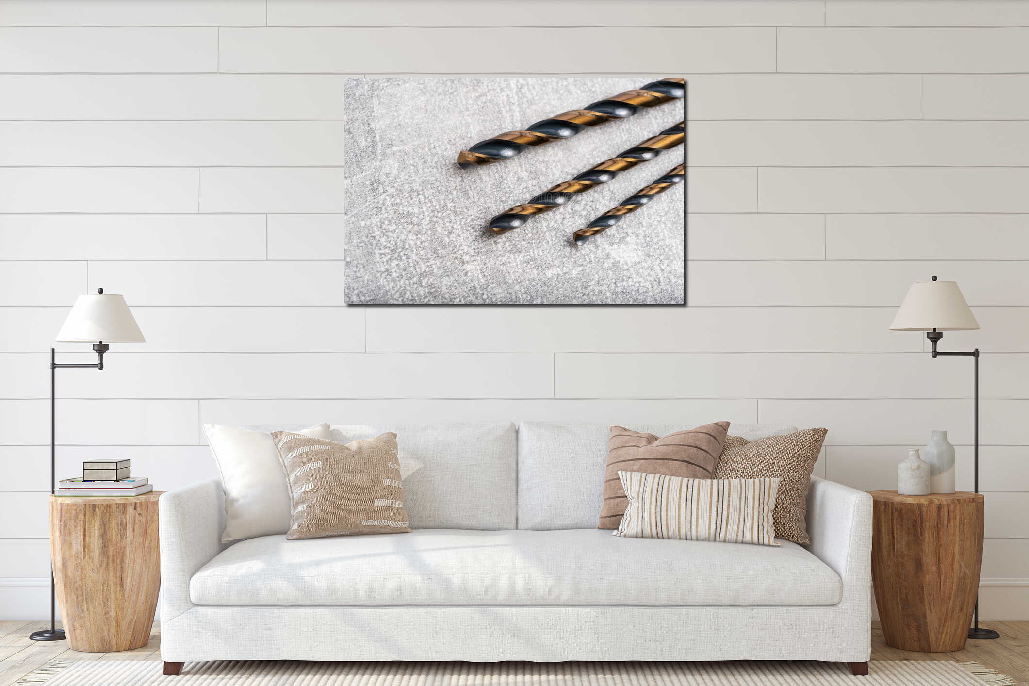 Set of metal drills on gray concrete background interior mockup