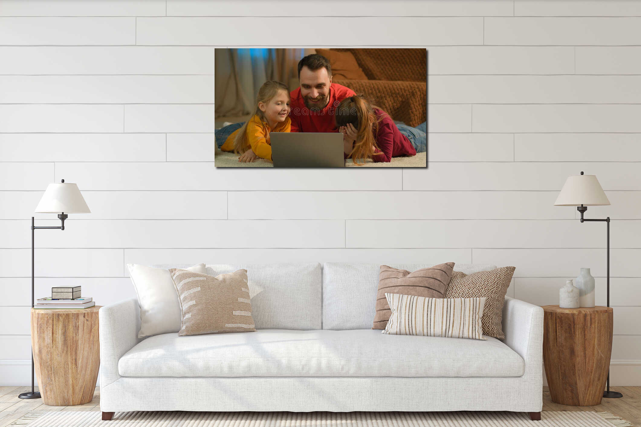 Caucasian dad children kids little girls using computer watch laptop at home single parent father teach daughters help interior mockup