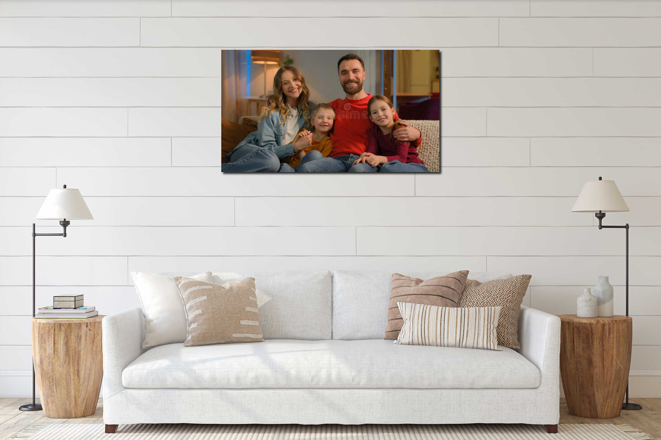 Happy family Caucasian mother father cheerful mom dad love children kids little girls daughters on sofa couch relax interior mockup