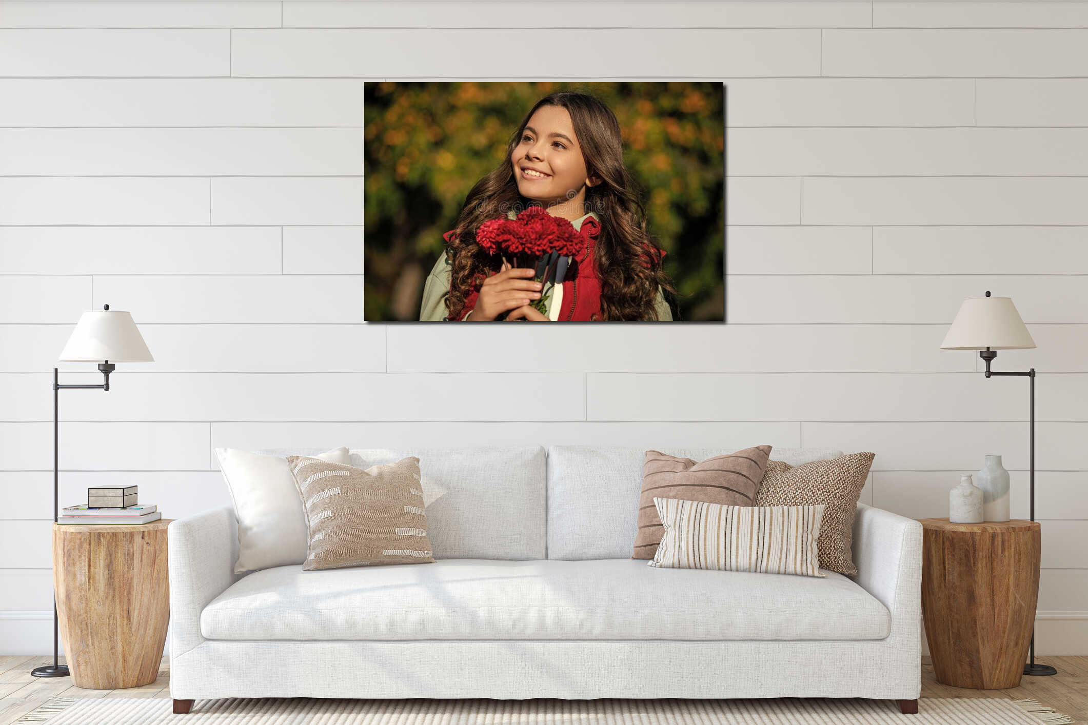 teenager girl smile with autumn flowers bouquet. teenager girl with autumn flowers interior mockup