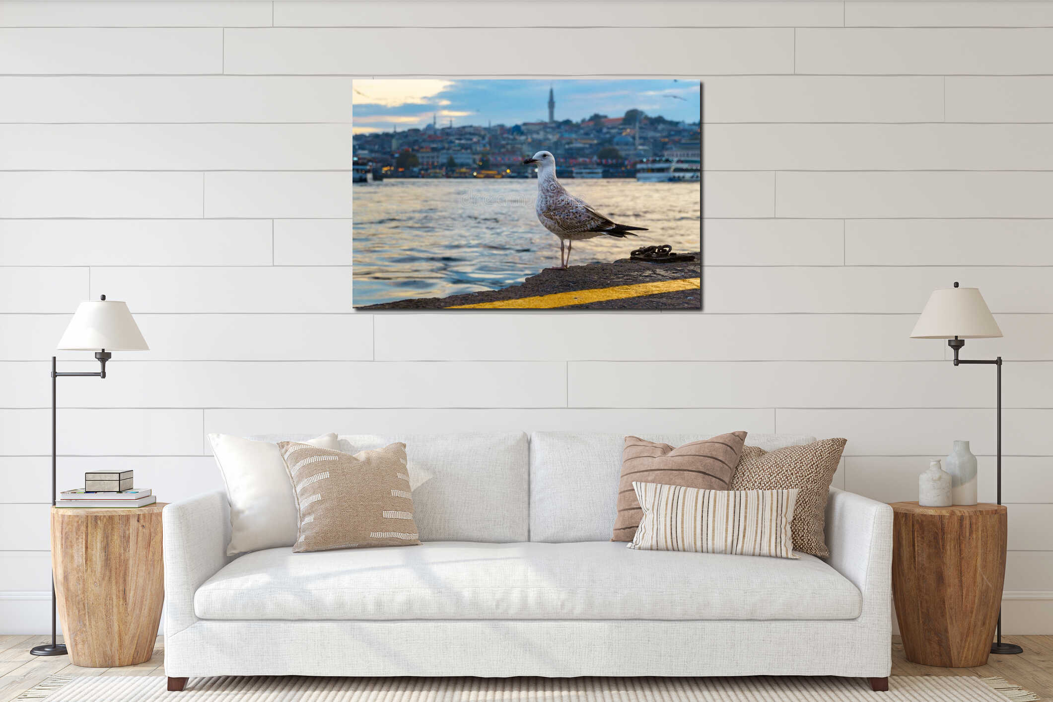 seagull in front of cityscape of Istanbul, Turkey, view to the Golden Horn Bay and architecture of city and ships and Bosphorus interior mockup