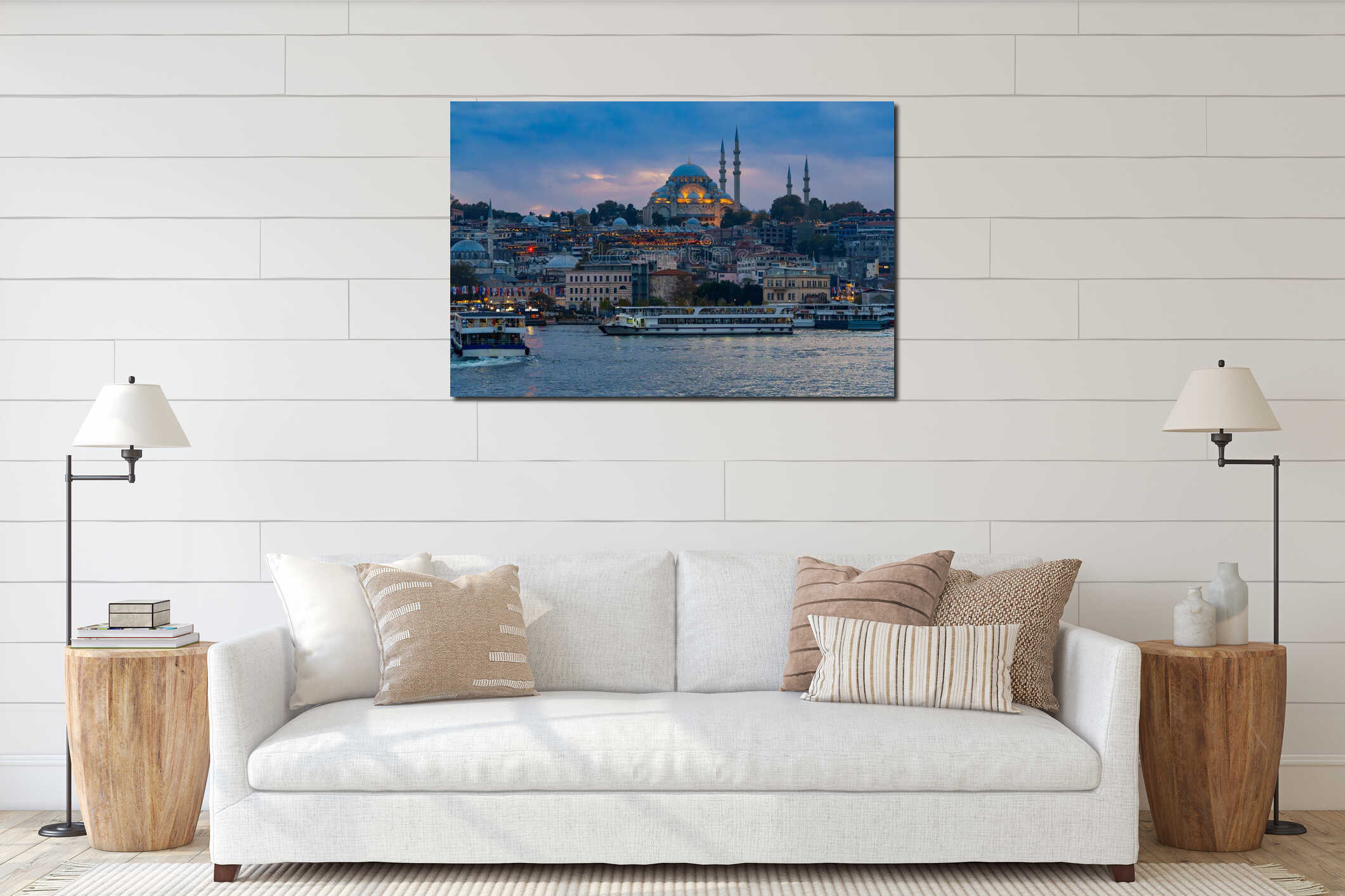 cityscape of Istanbul, Turkey, view to the Golden Horn Bay and architecture of city and ships and Bosphorus shore against the interior mockup
