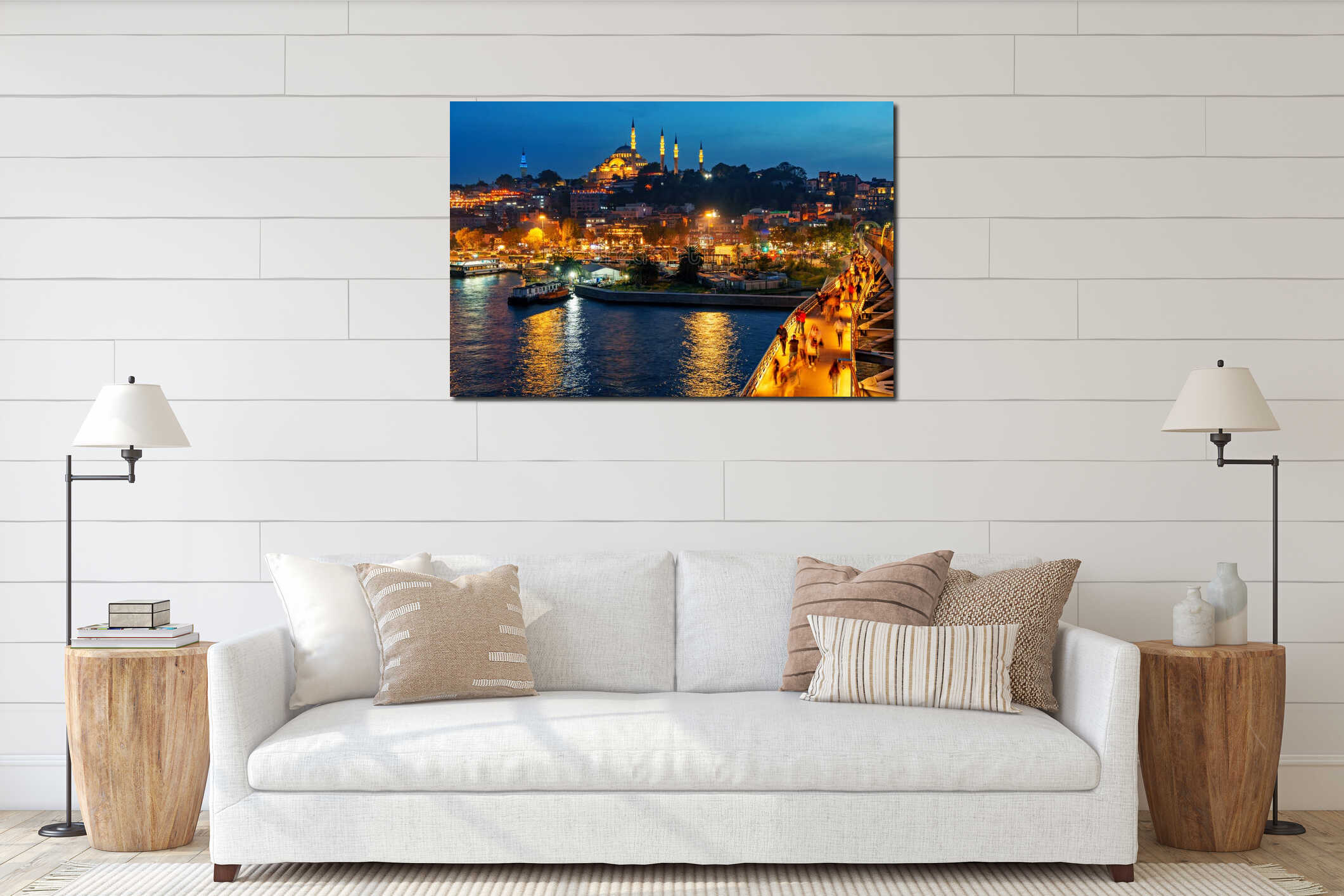 view of the cable-stayed metro bridge with a pedestrian path and the night cityscape of Istanbul, Turkey, the Golden Horn Bay and interior mockup
