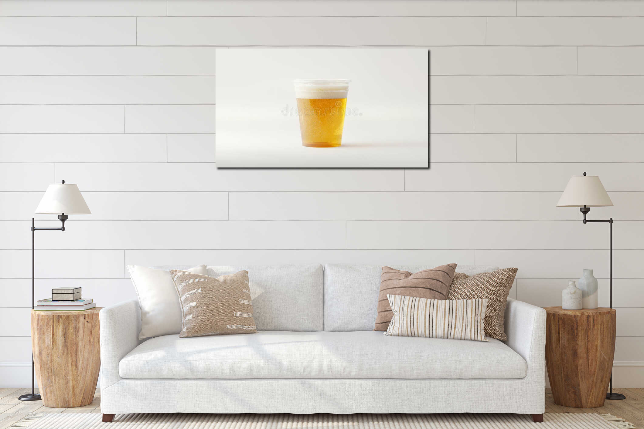 A close-up shot of a plastic glass of beer against a white background. interior mockup